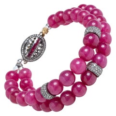 Burmese Ruby and Diamond Beaded Bangle Bracelet