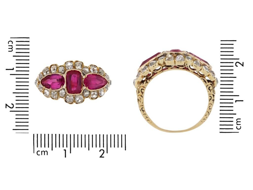 Old Mine Cut Burmese Ruby and diamond cluster ring, circa 1890. For Sale