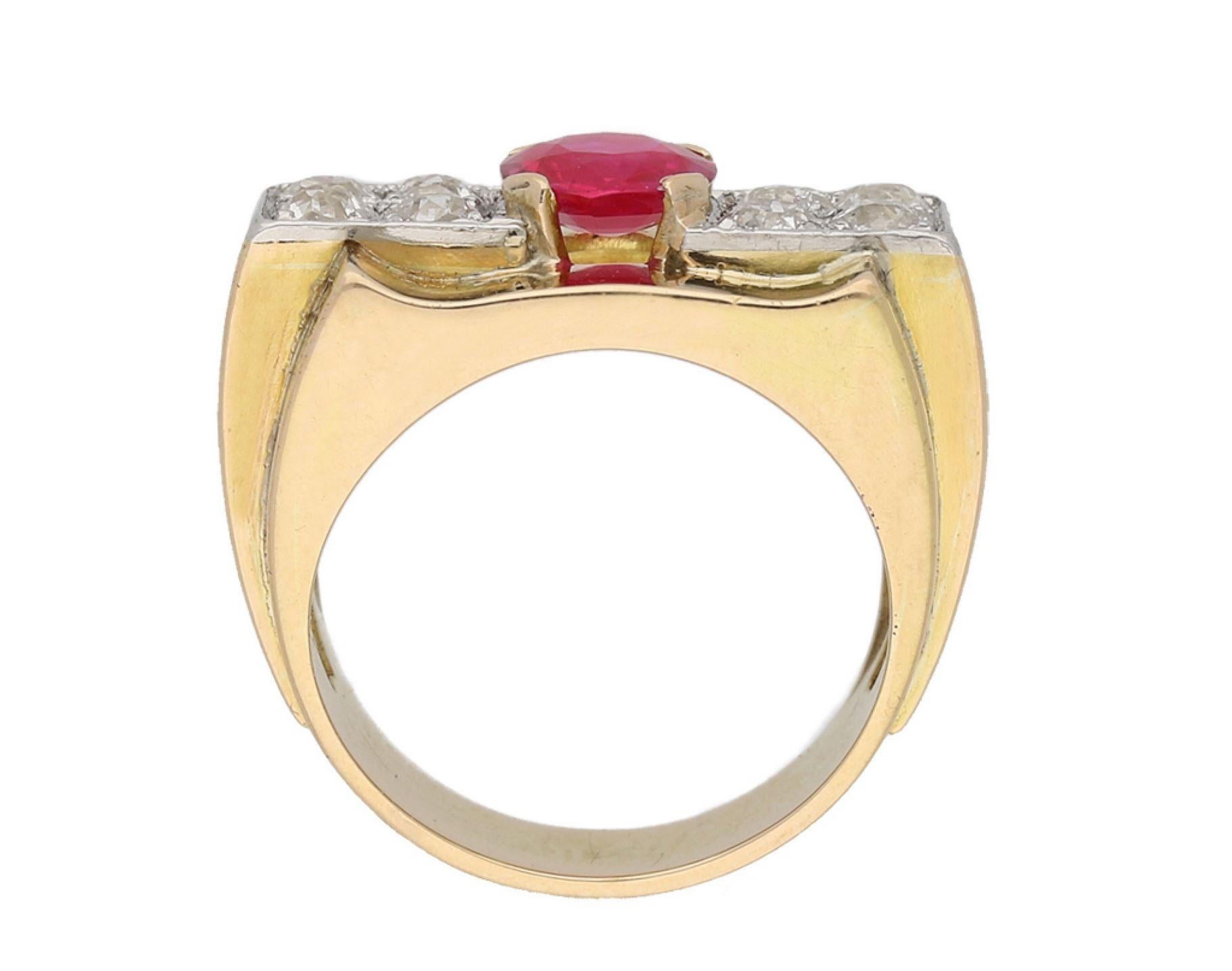 Post-War Burmese ruby and diamond cocktail ring, French, circa 1940 For Sale
