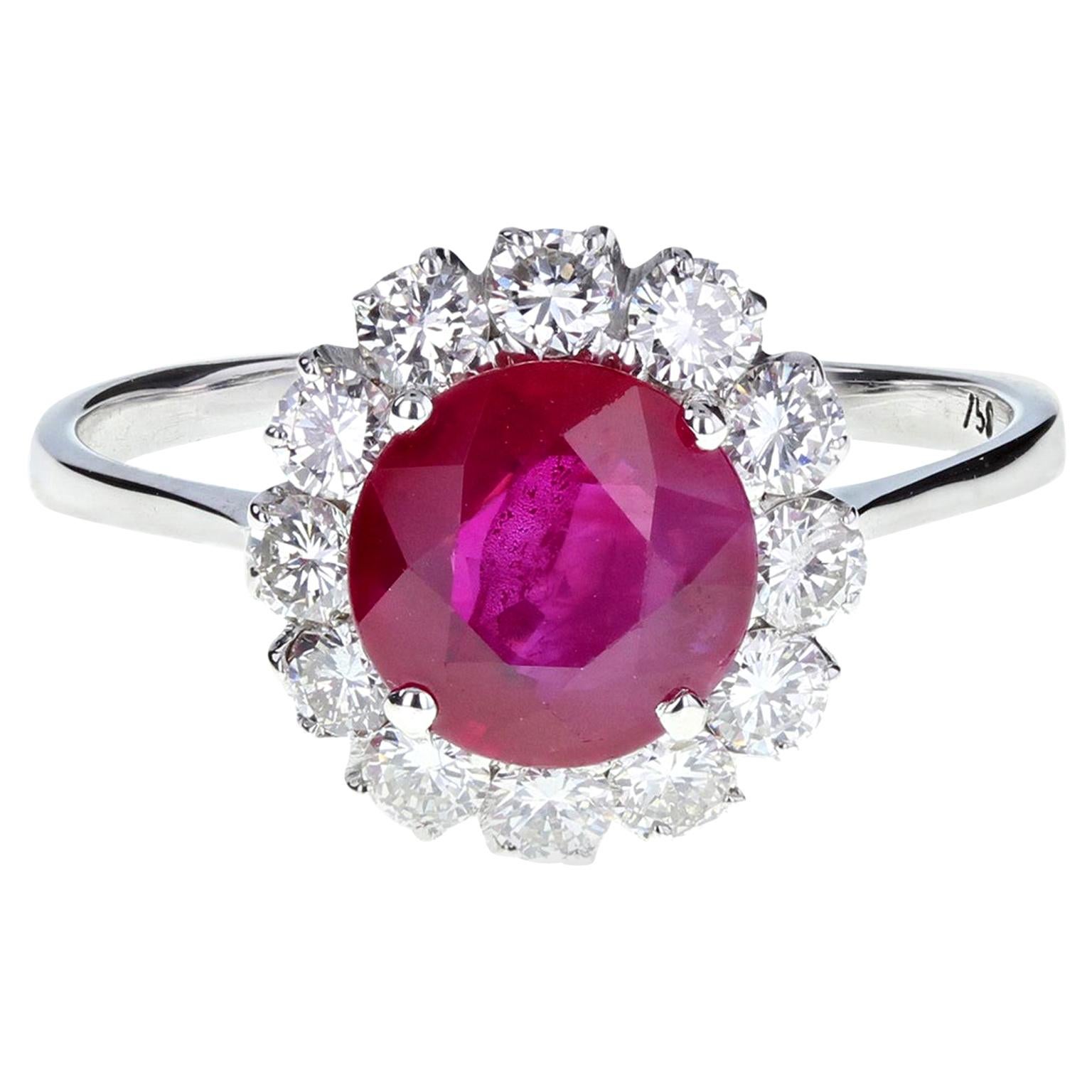 Burmese Ruby and Diamond Daisy Cluster Engagement Ring For Sale