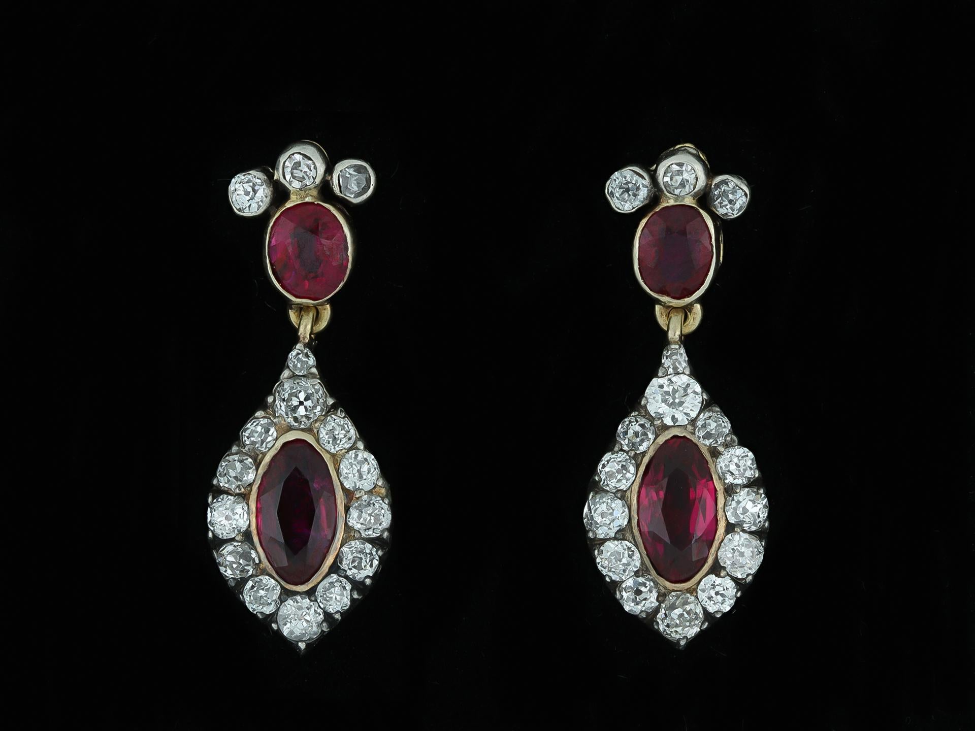 Victorian Burmese ruby and diamond drop earrings, circa 1860. For Sale