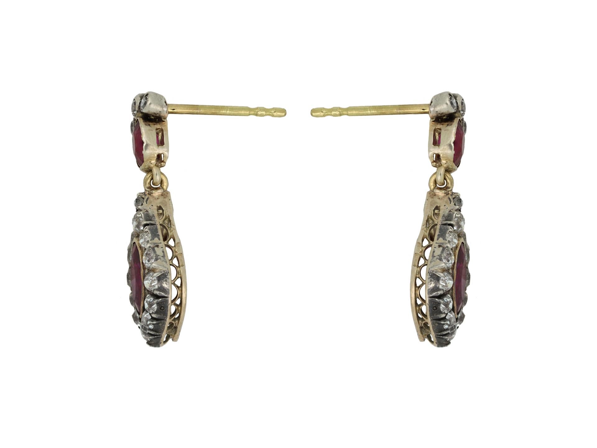 Oval Cut Burmese ruby and diamond drop earrings, circa 1860. For Sale