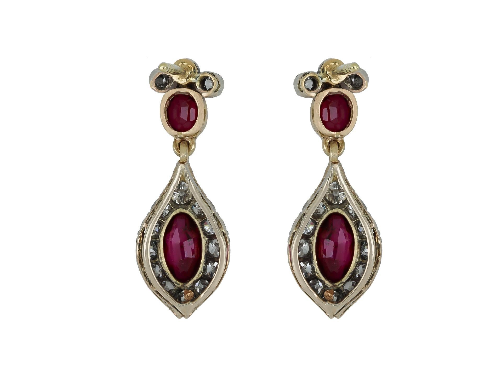 Burmese ruby and diamond drop earrings, circa 1860. In Good Condition For Sale In London, GB