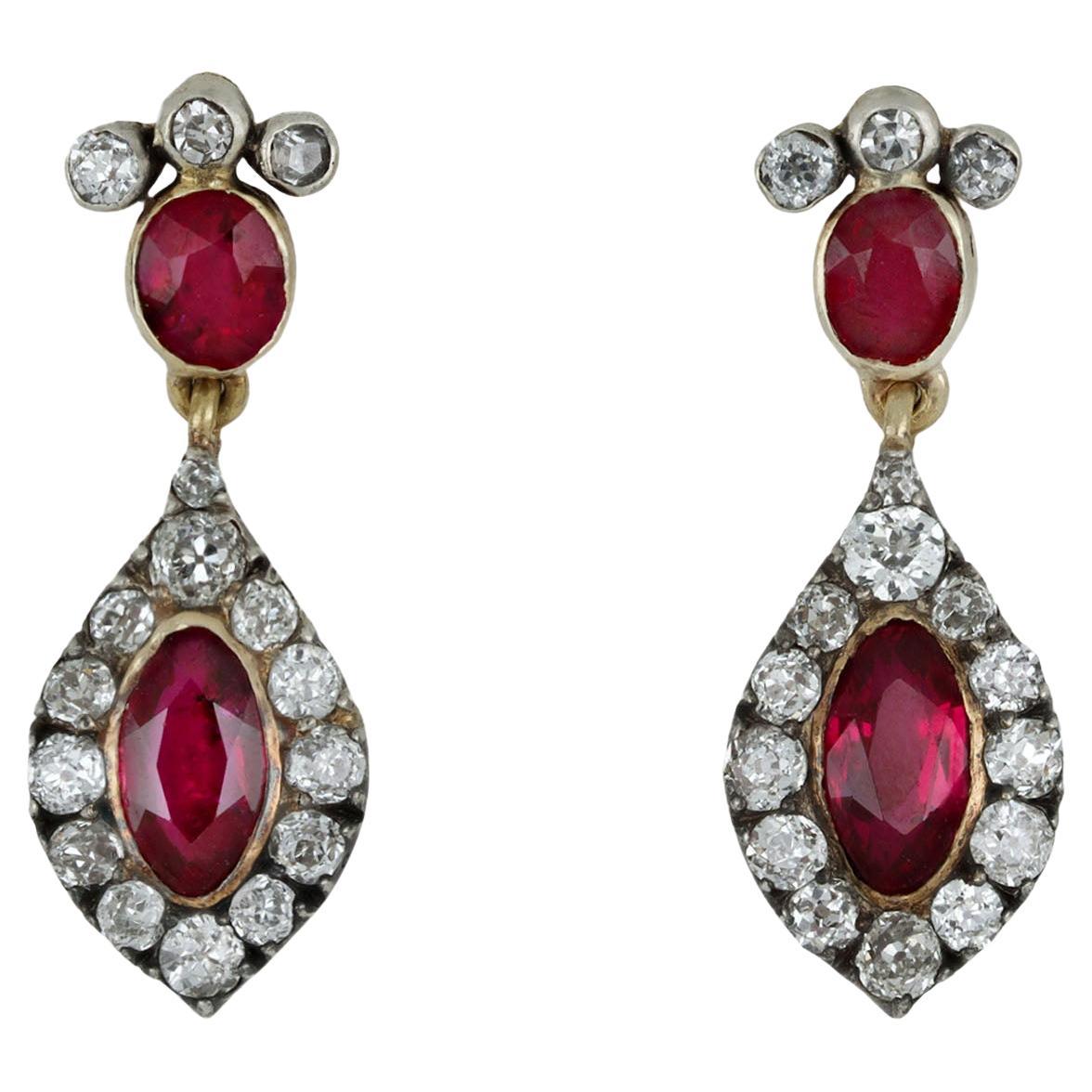Burmese ruby and diamond drop earrings, circa 1860. For Sale