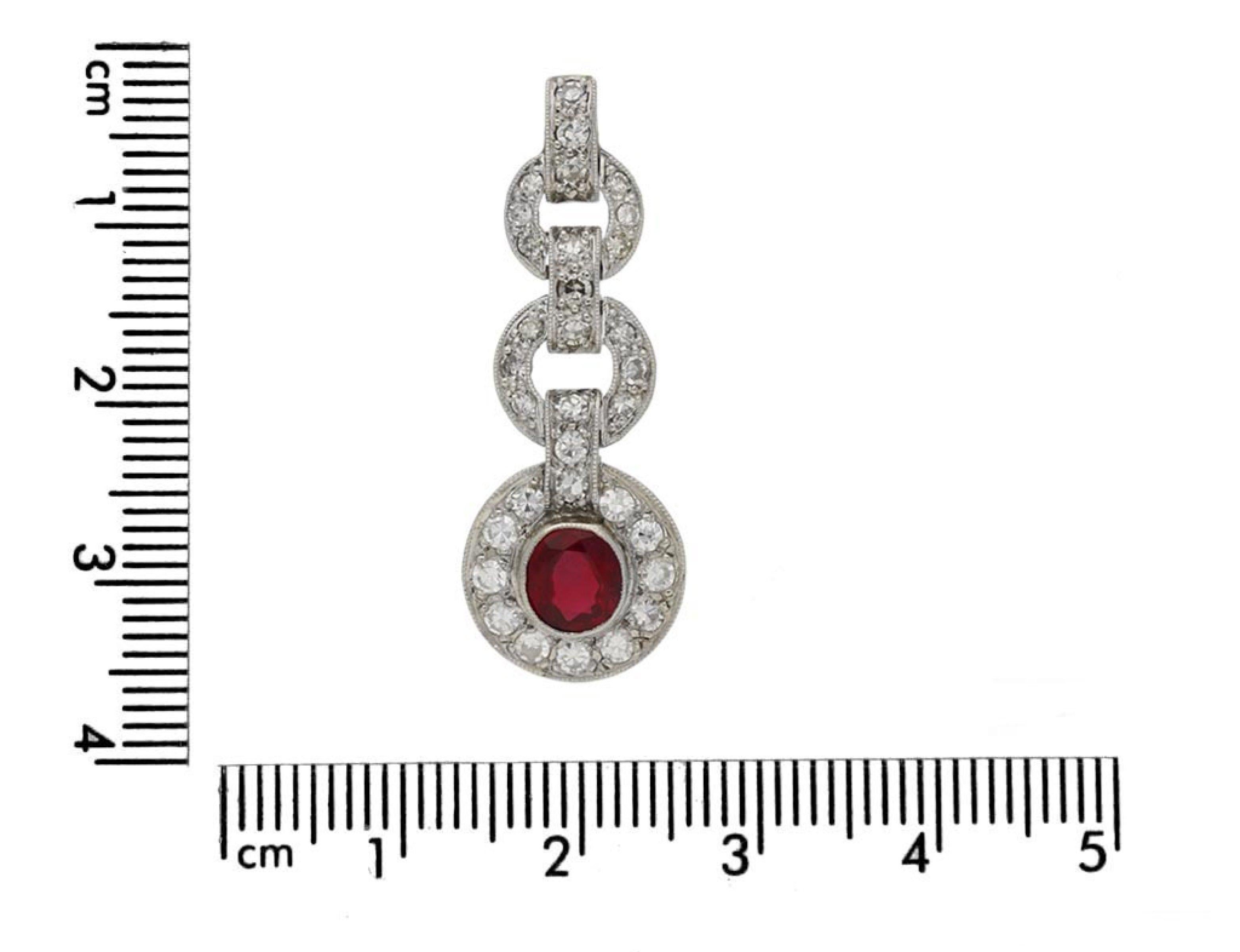 Cushion Cut Burmese ruby and diamond earrings, circa 1935 For Sale
