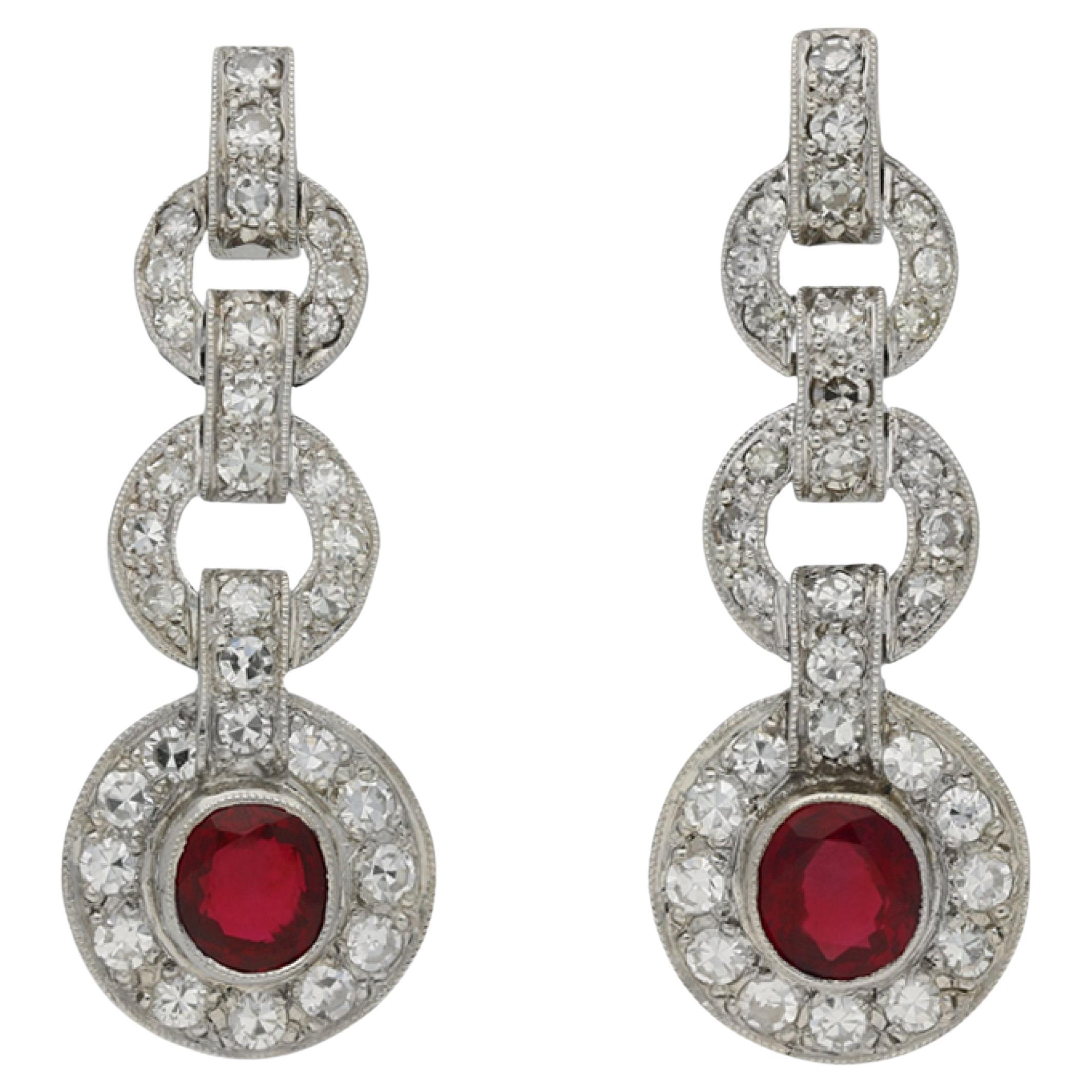 Burmese ruby and diamond earrings, circa 1935 For Sale