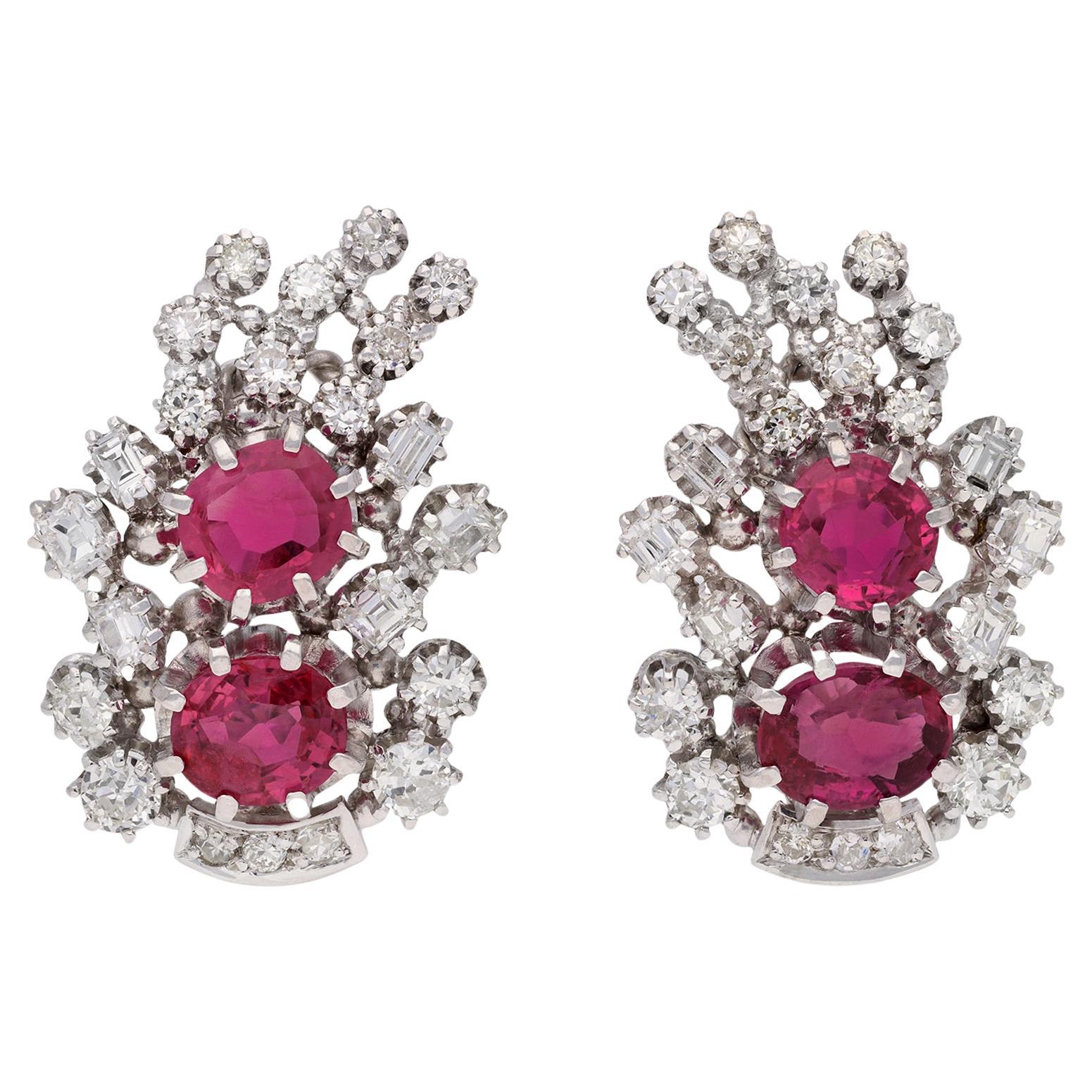 Burmese ruby and diamond earrings, circa 1950.