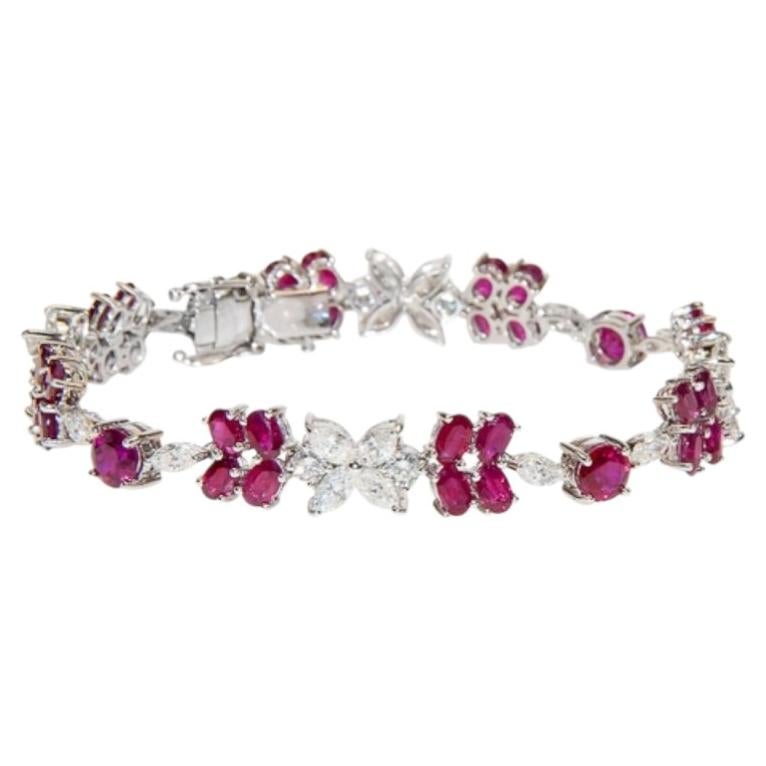 Burmese Ruby and Diamond Floral Cluster Statement Bracelet For Sale