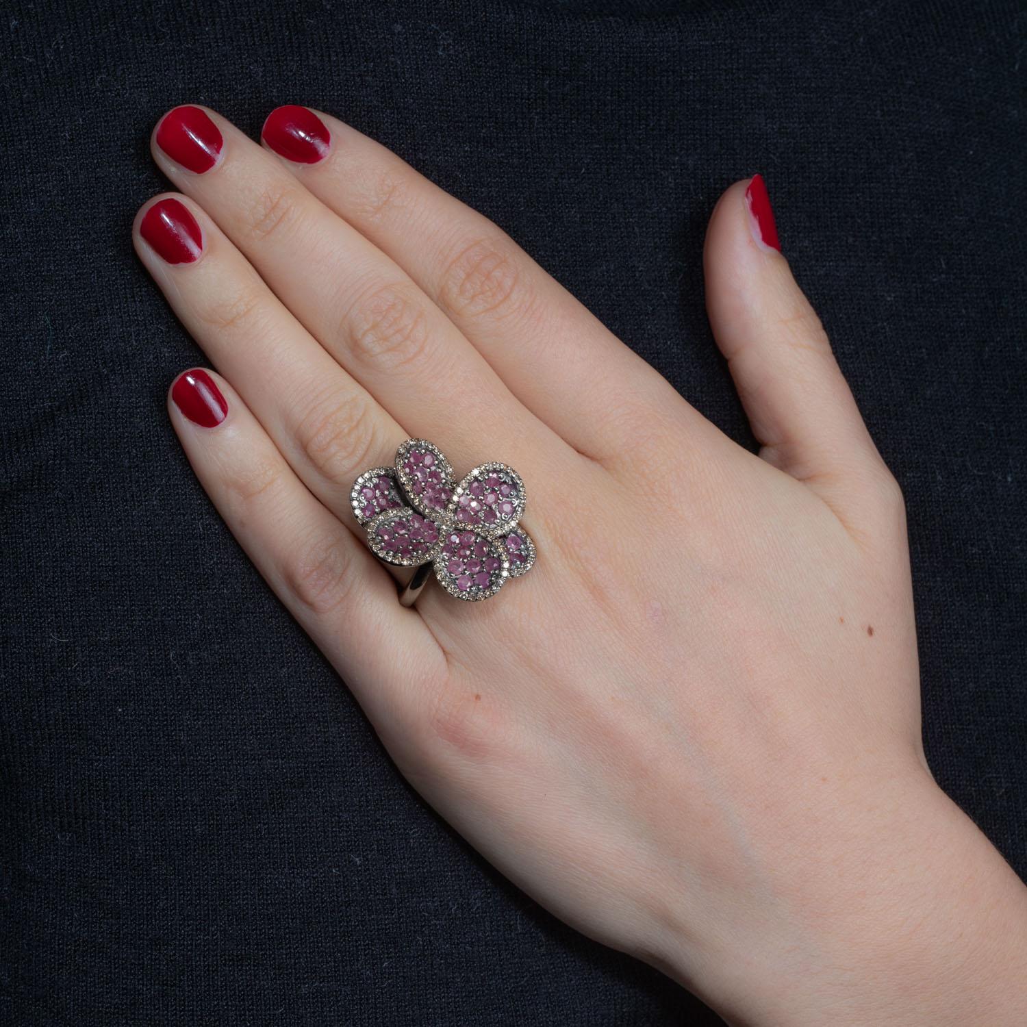 Round Cut Burmese Pink Ruby and Diamond Flower Petal Ring For Sale