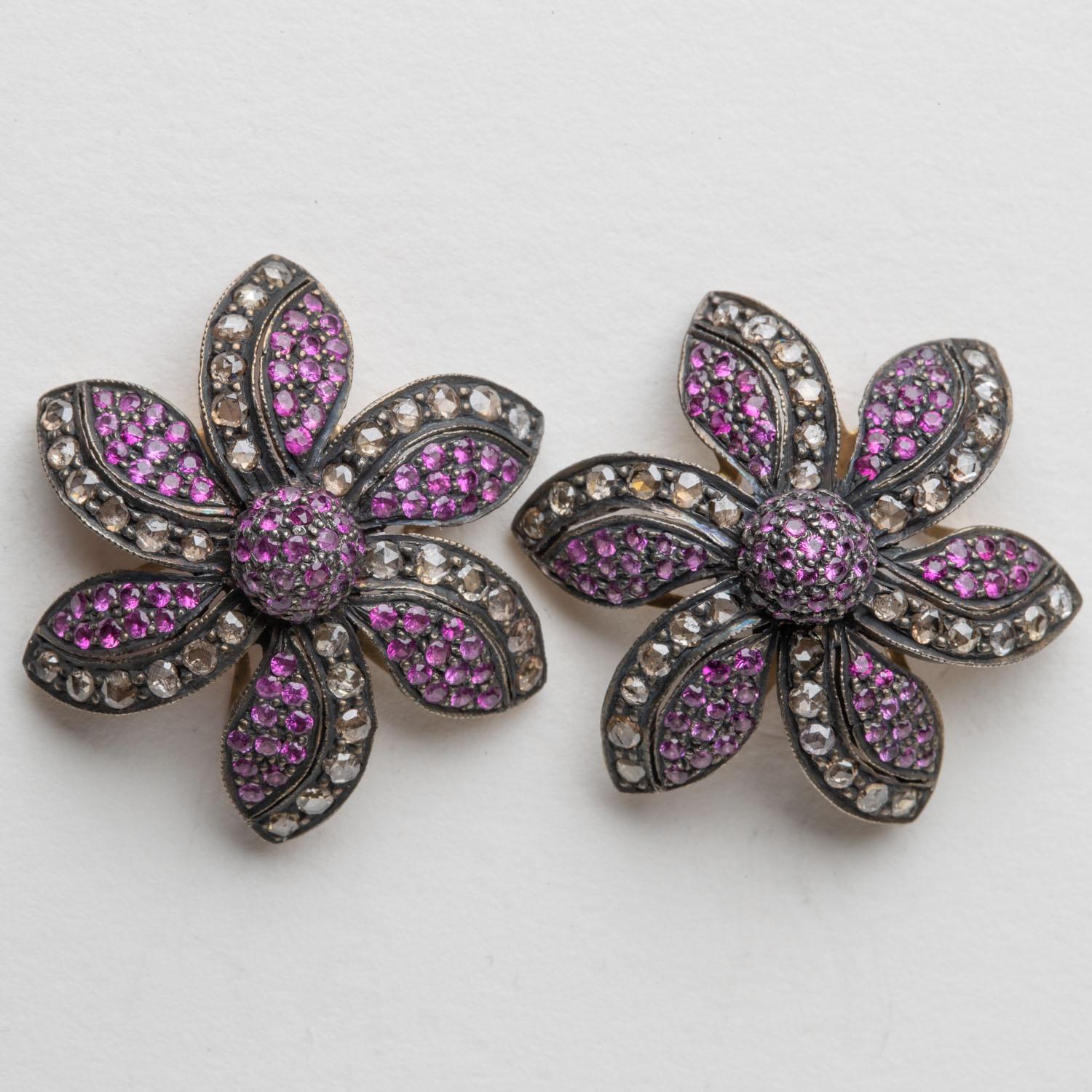 Burmese Pink Ruby and Diamond Flower Stud Earrings In Excellent Condition For Sale In Nantucket, MA