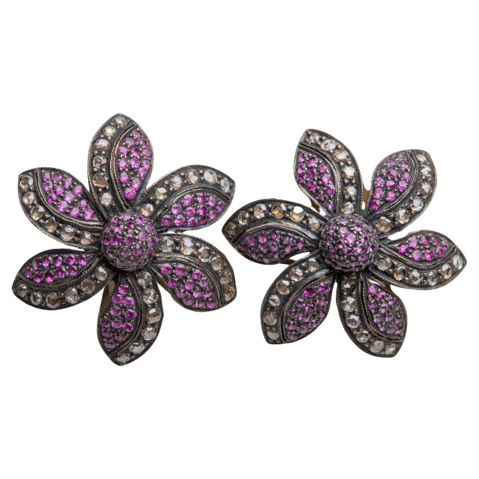 Burmese Pink Ruby and Diamond Flower Stud Earrings