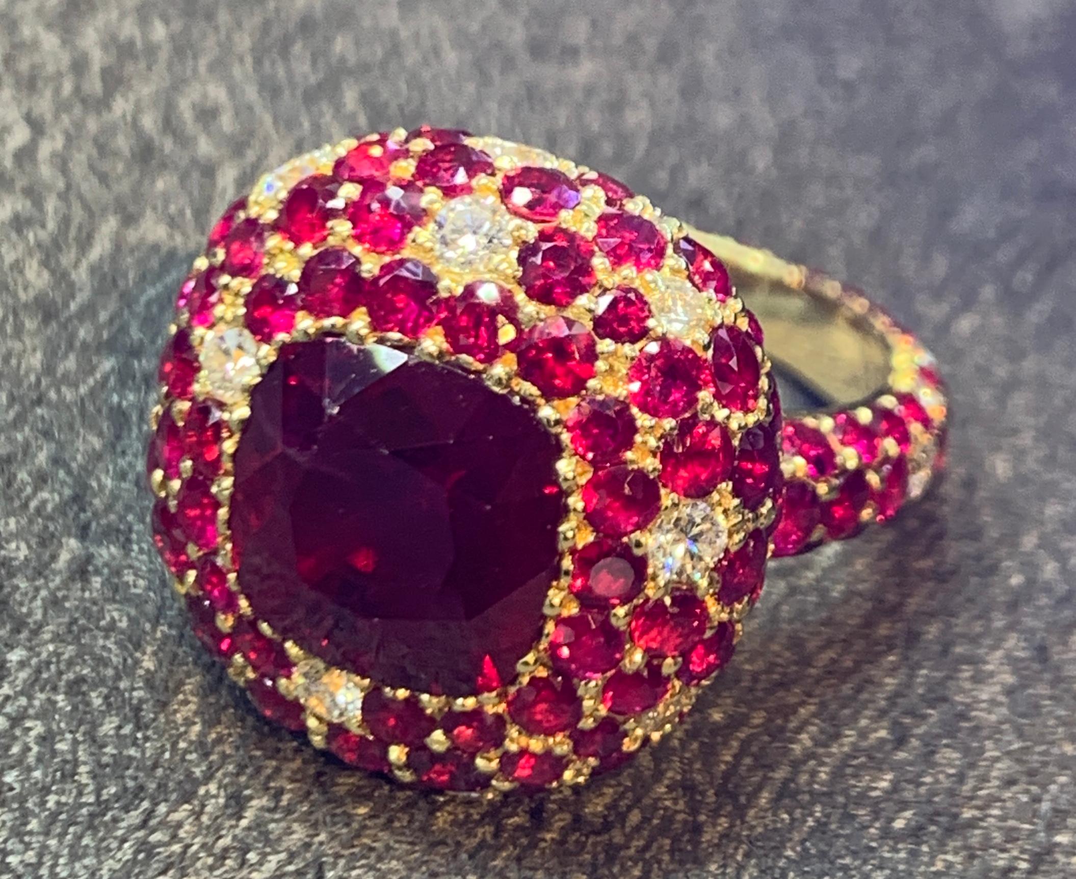 Burmese Ruby & Diamond Gold Cocktail Ring 
Burmese Ruby
AGL Certified
Ruby Center stone Weight: 5.19 Cts
Ring Size: 5.5
Re-sizable to any size free of charge
18K Yellow Gold 