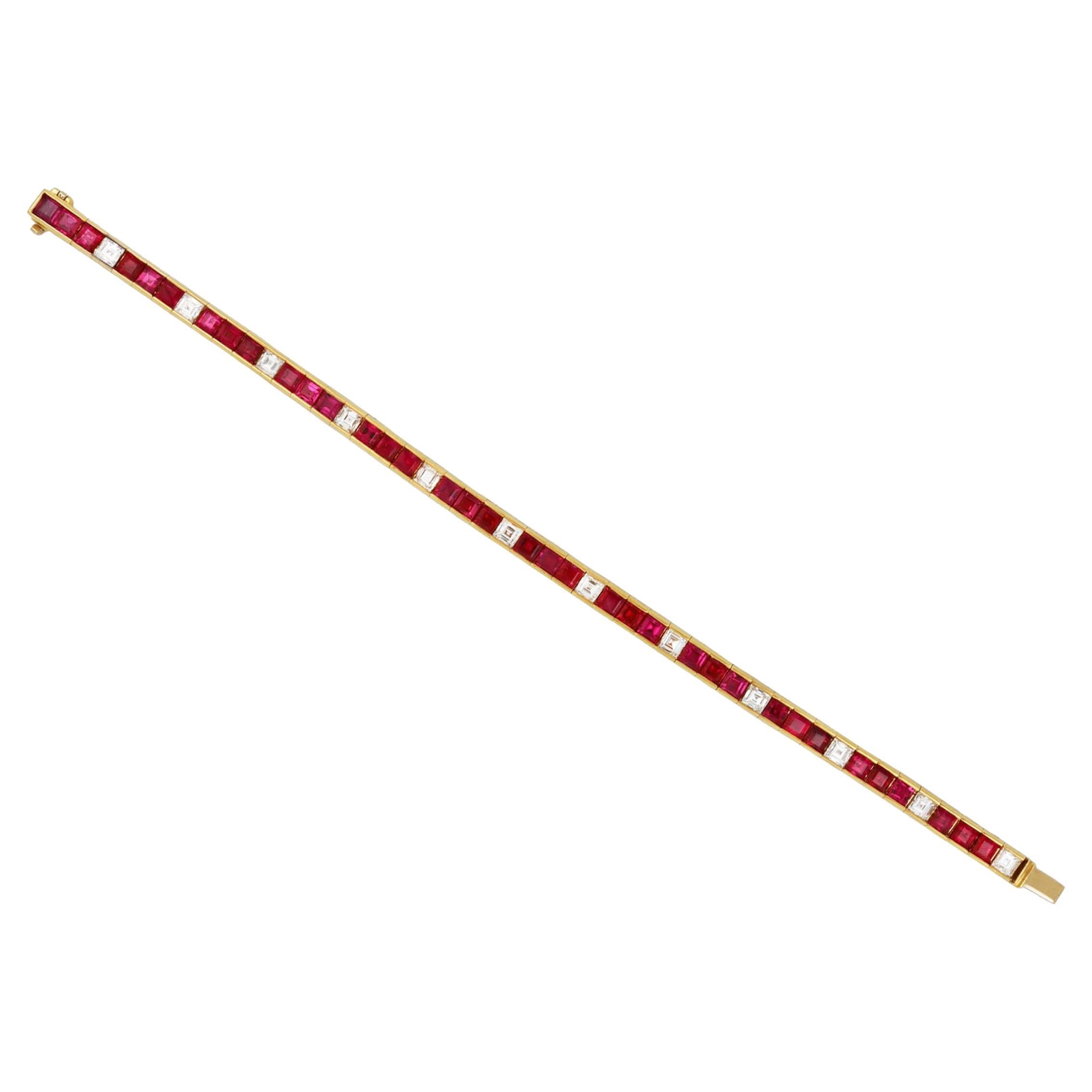Burmese ruby and diamond line bracelet, circa 1970.