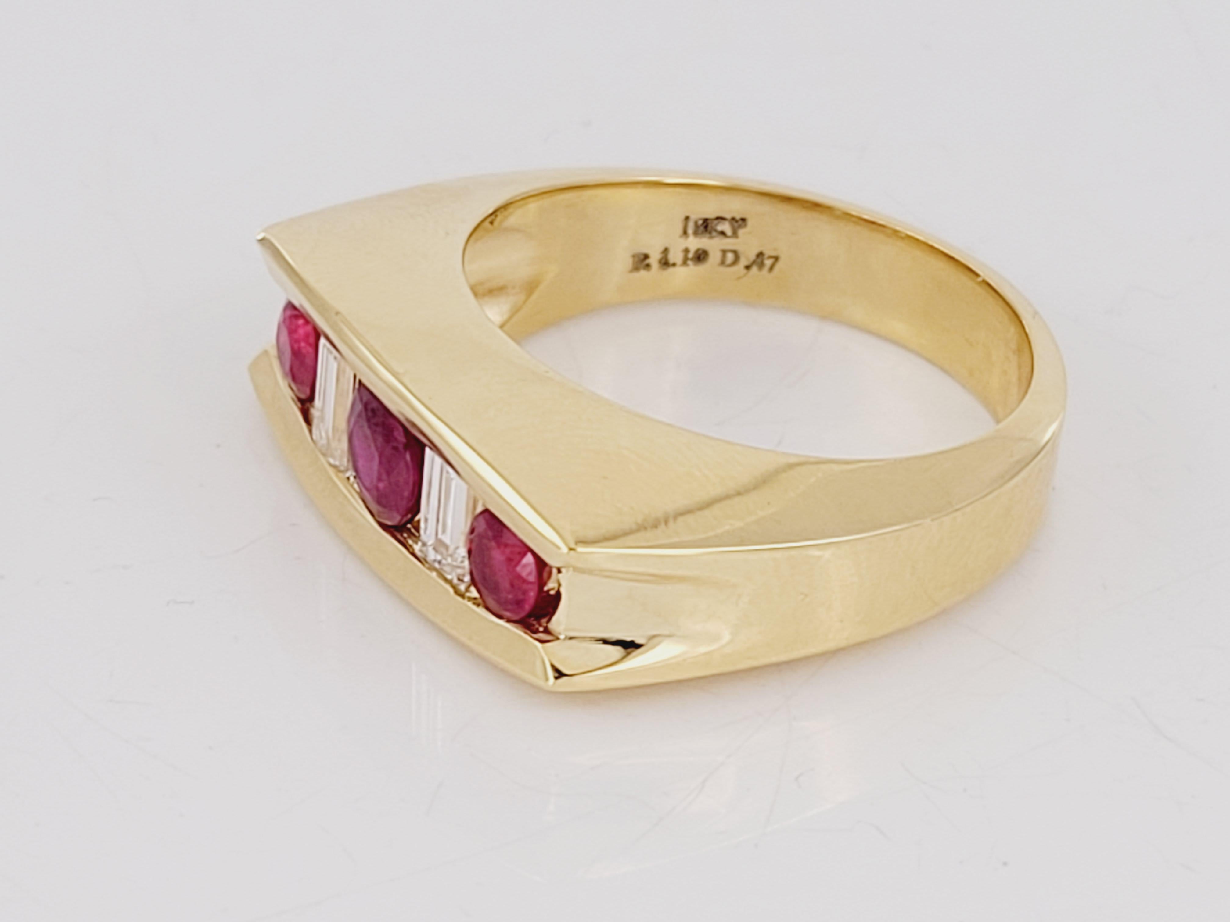 Burmese rubies are the rarest gemstone in the world due to their intense red brilliance.
Burmese Ruby and White Diamond Men Band in 18K Yellow Gold. The Diamonds are cut in emerald shape, in a total of 1.5carat weight for the two stones. The red