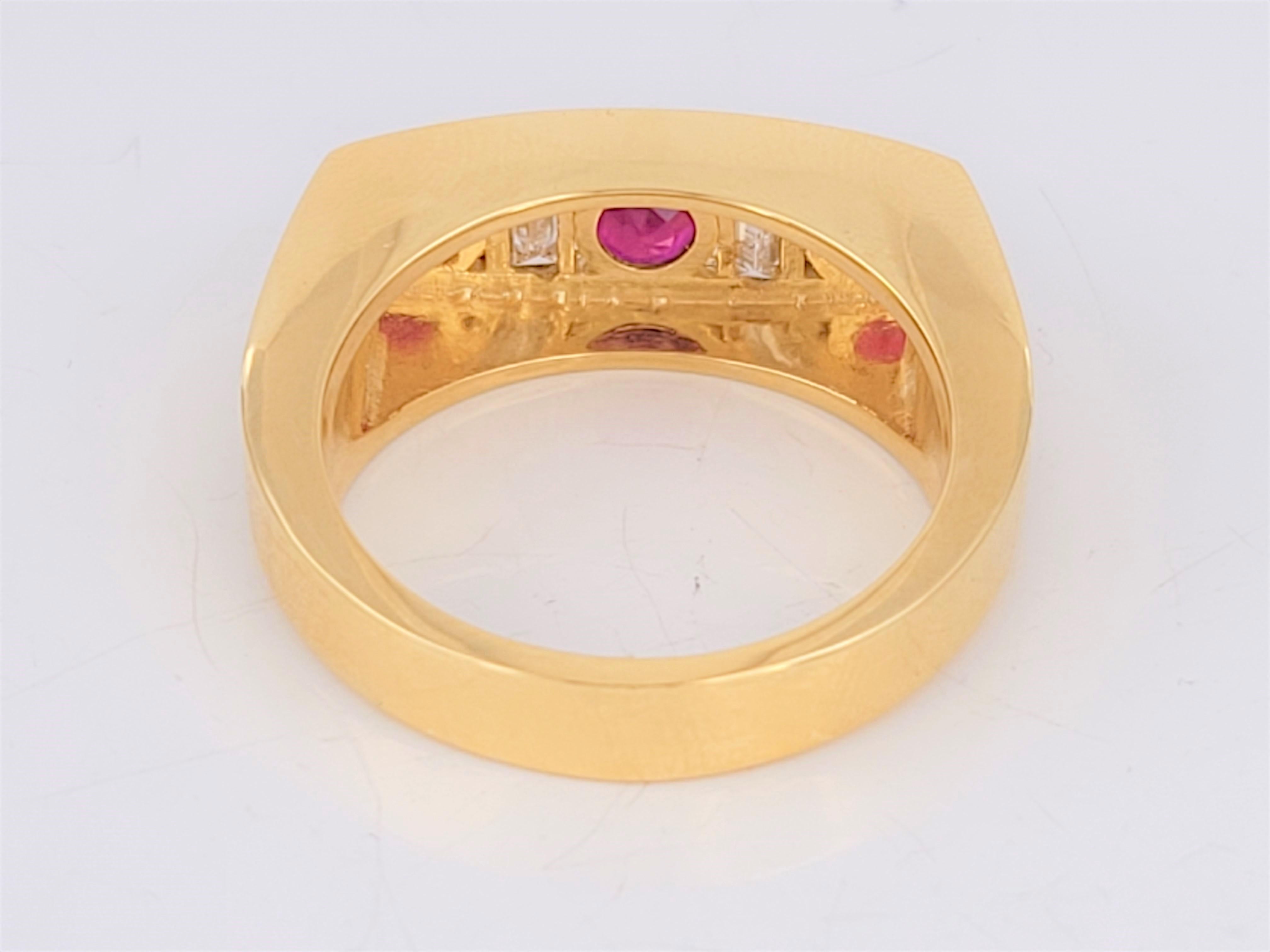 Round Cut Burmese Ruby and Diamond Men Band in 18K Yellow Gold For Sale