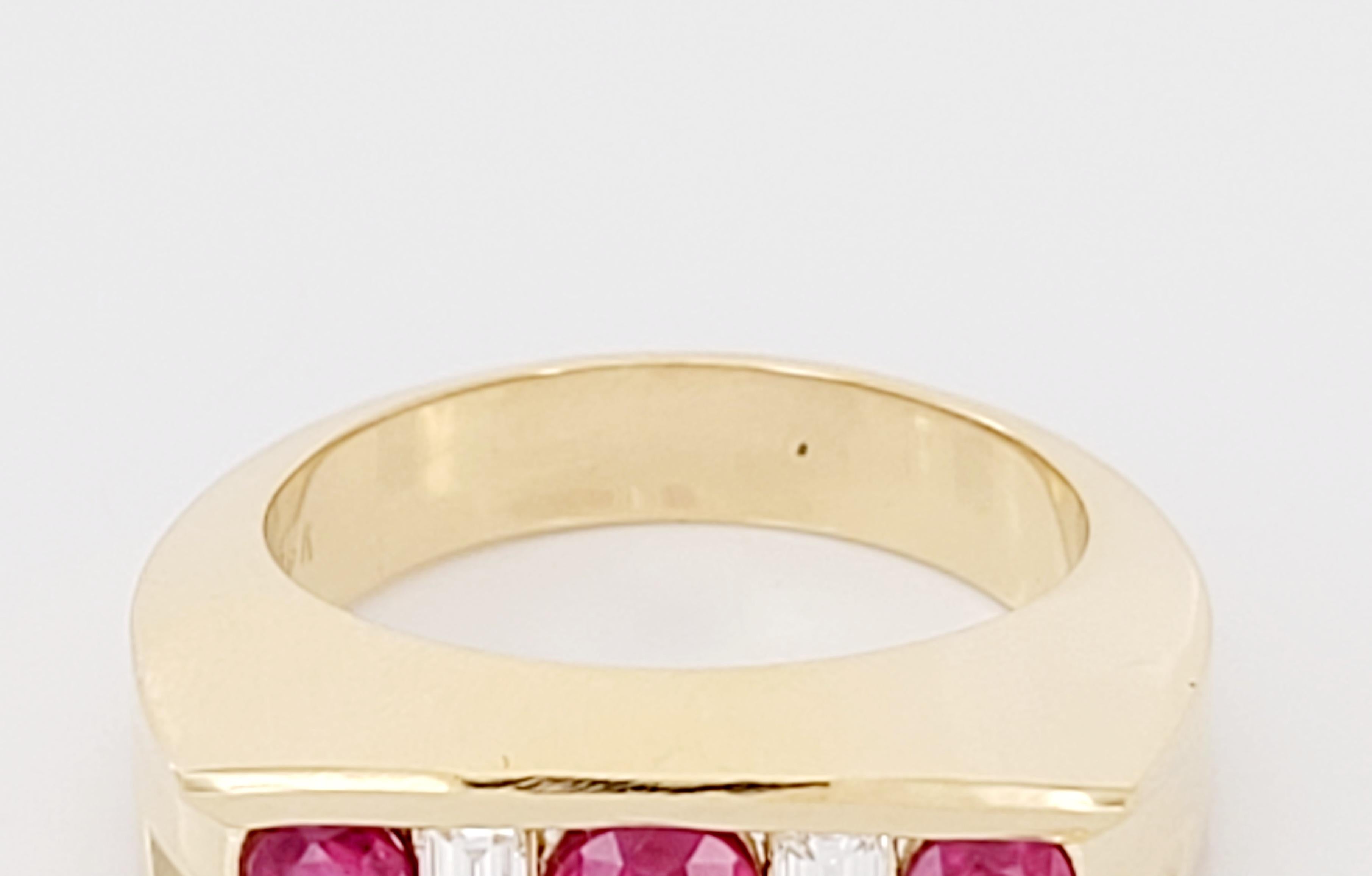 Burmese rubies are the rarest gemstone in the world due to their intense red brilliance.
Burmese Ruby and White Diamond Men Band in 18K Yellow Gold. The Diamonds are cut in emerald shape, in a total of 1.5carat weight for the two stones. The red