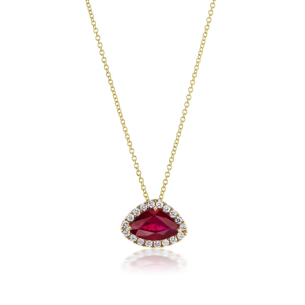 BURMESE RUBY AND DIAMOND PENDANT
Crafted in 14K Yellow Gold this trillion cut Burmese Ruby surrounded by diamonds is a delight for the eye
Item:	# 03975
Metal:	14k Yellow Gold
Lab:	Aigs
Color Weight:	1.63 ct.
Diamond Weight:	0.24 ct.