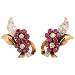 Burmese Ruby and Diamond Retro Clip-On Earrings