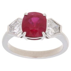 Burmese Ruby and Diamond Three-Stone Engagement Ring Set in Platinum