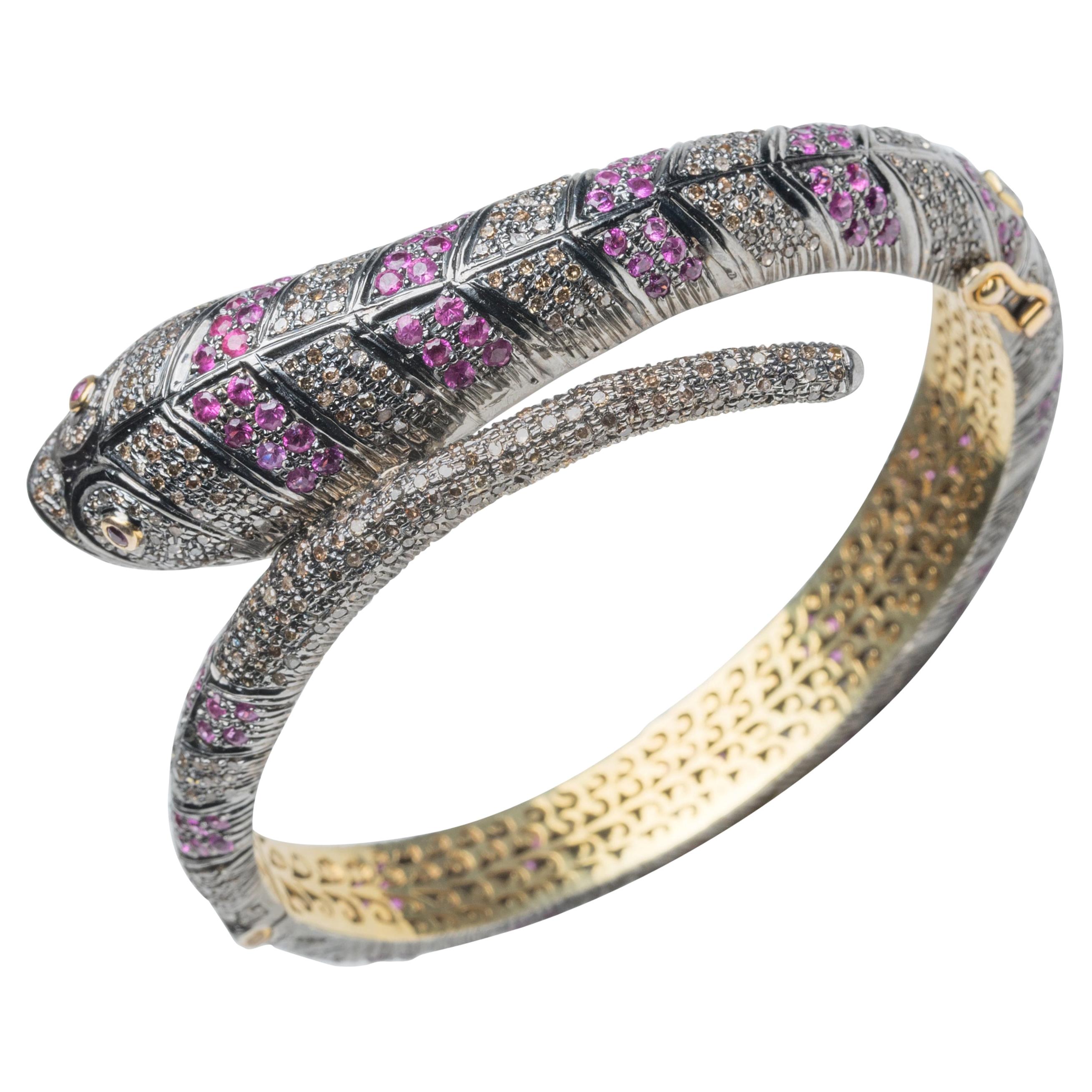 Bracelet serpent birman en rubis rose et diamants en vente