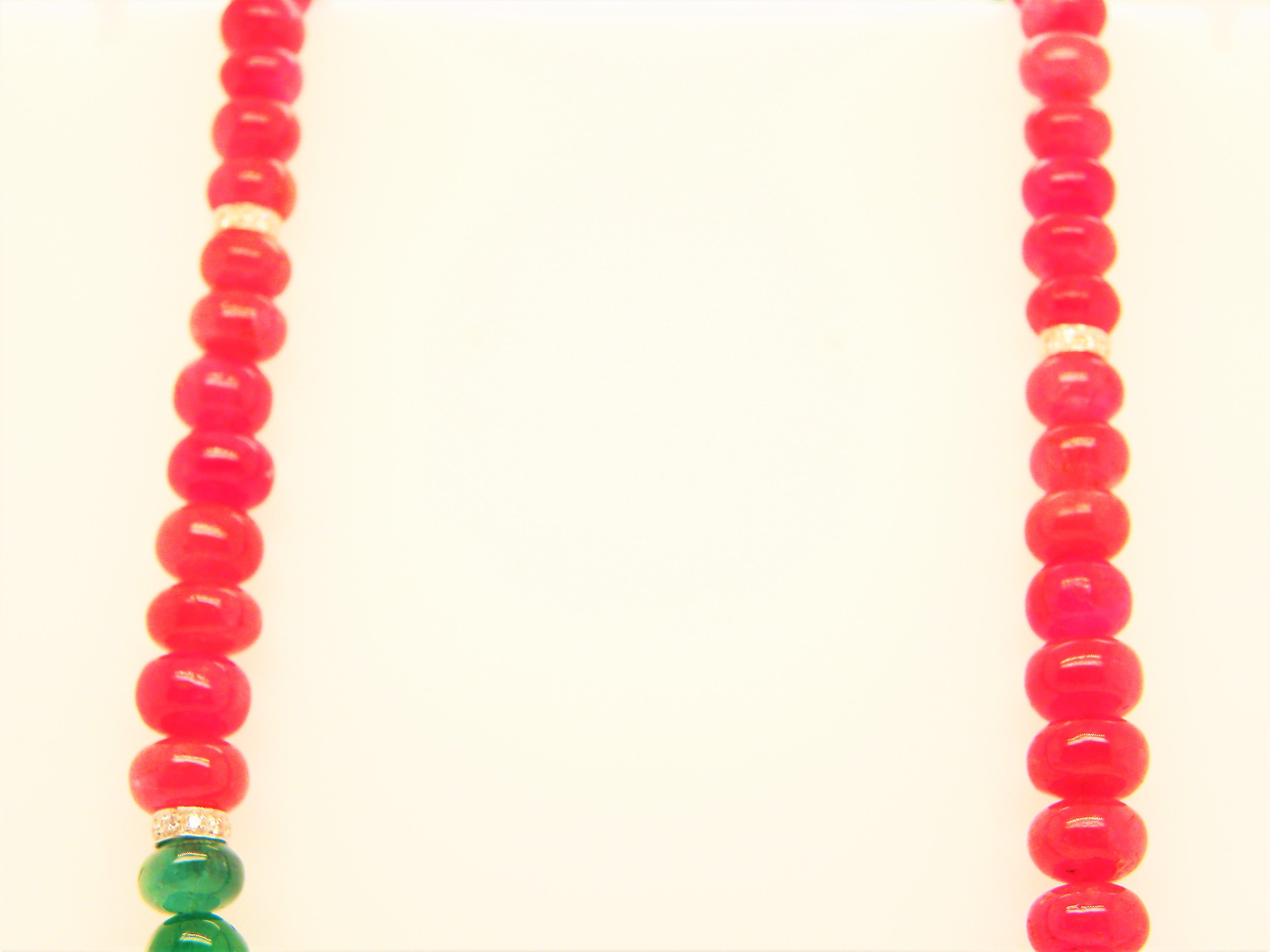 Burmese Ruby and Emerald Beads White Diamond Gold Necklace For Sale 2