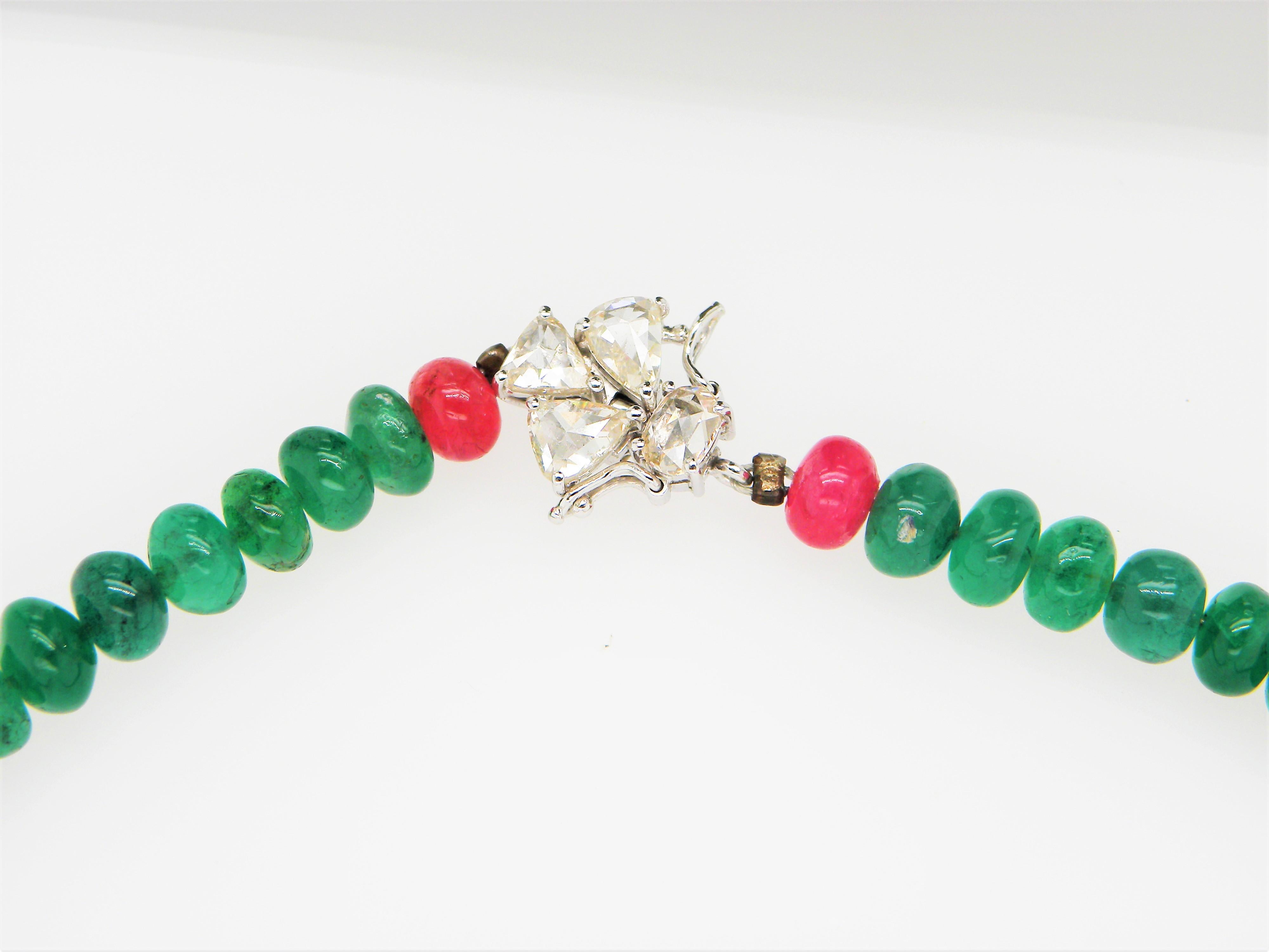 Burmese Ruby and Emerald Beads White Diamond Gold Necklace For Sale 3