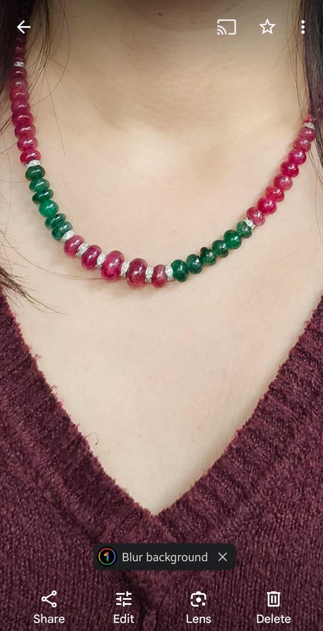 Burmese Ruby and Emerald Beads White Diamond Gold Necklace For Sale 5