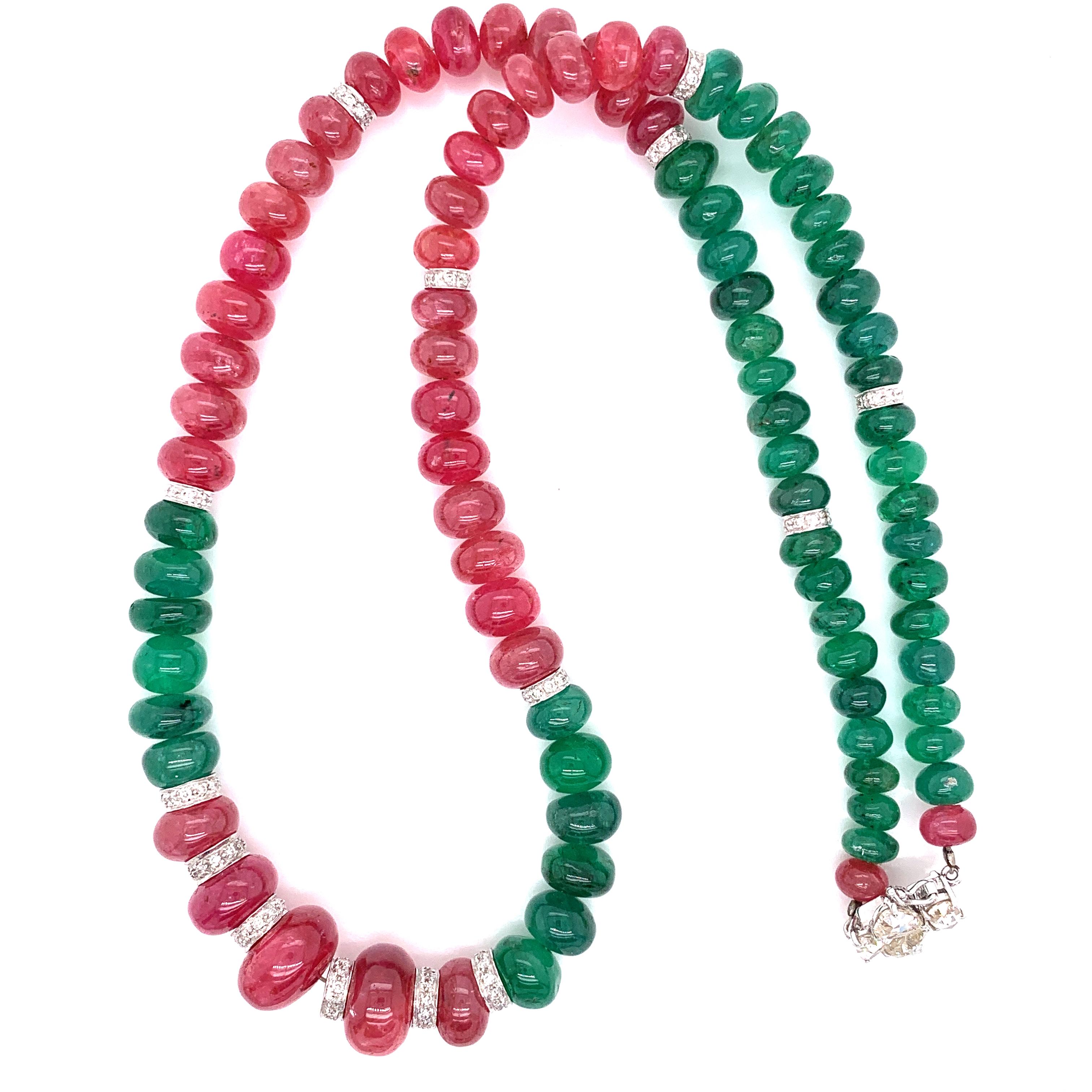 Art Deco Burmese Ruby and Emerald Beads White Diamond Gold Necklace For Sale