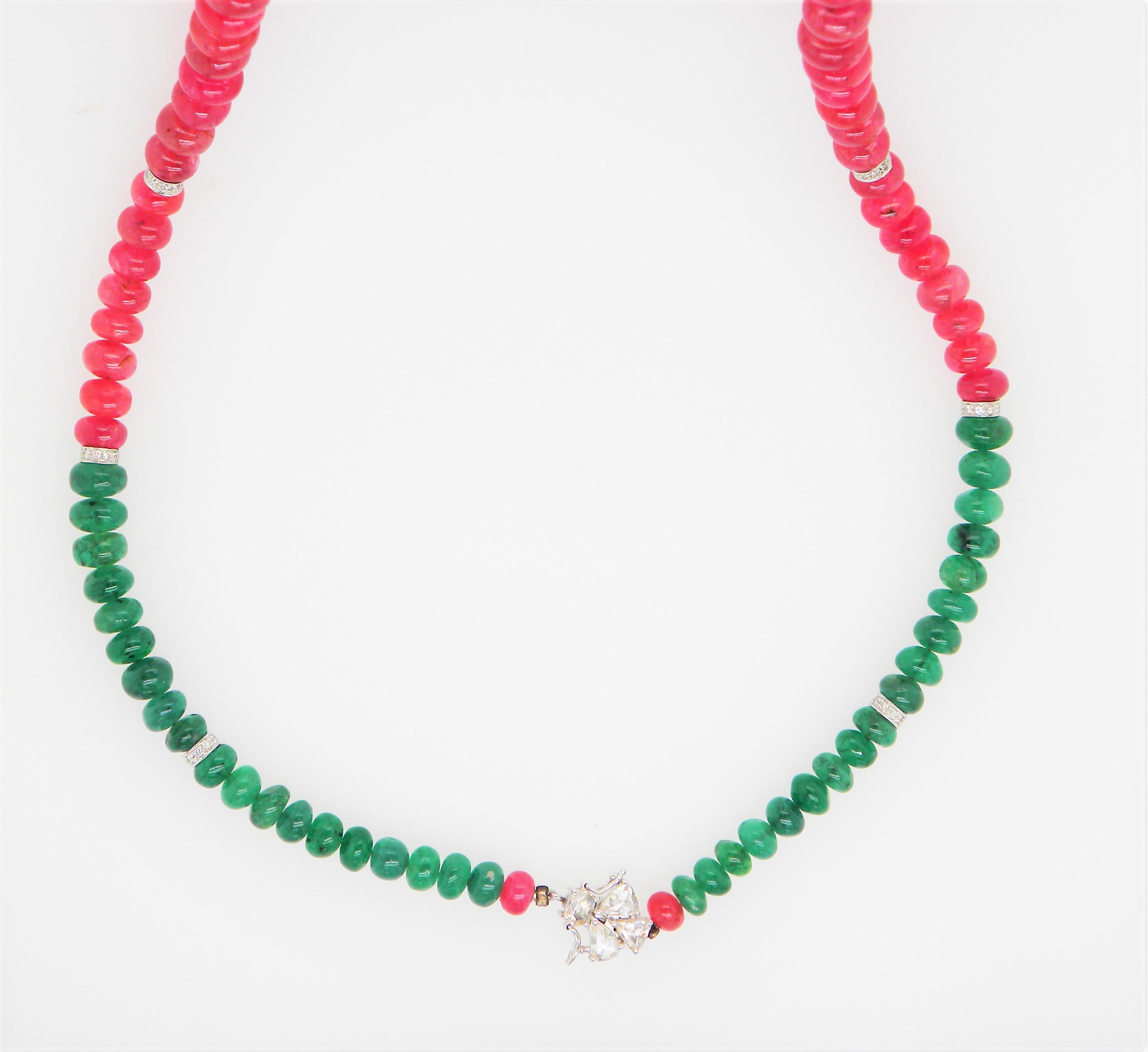Women's Burmese Ruby and Emerald Beads White Diamond Gold Necklace For Sale