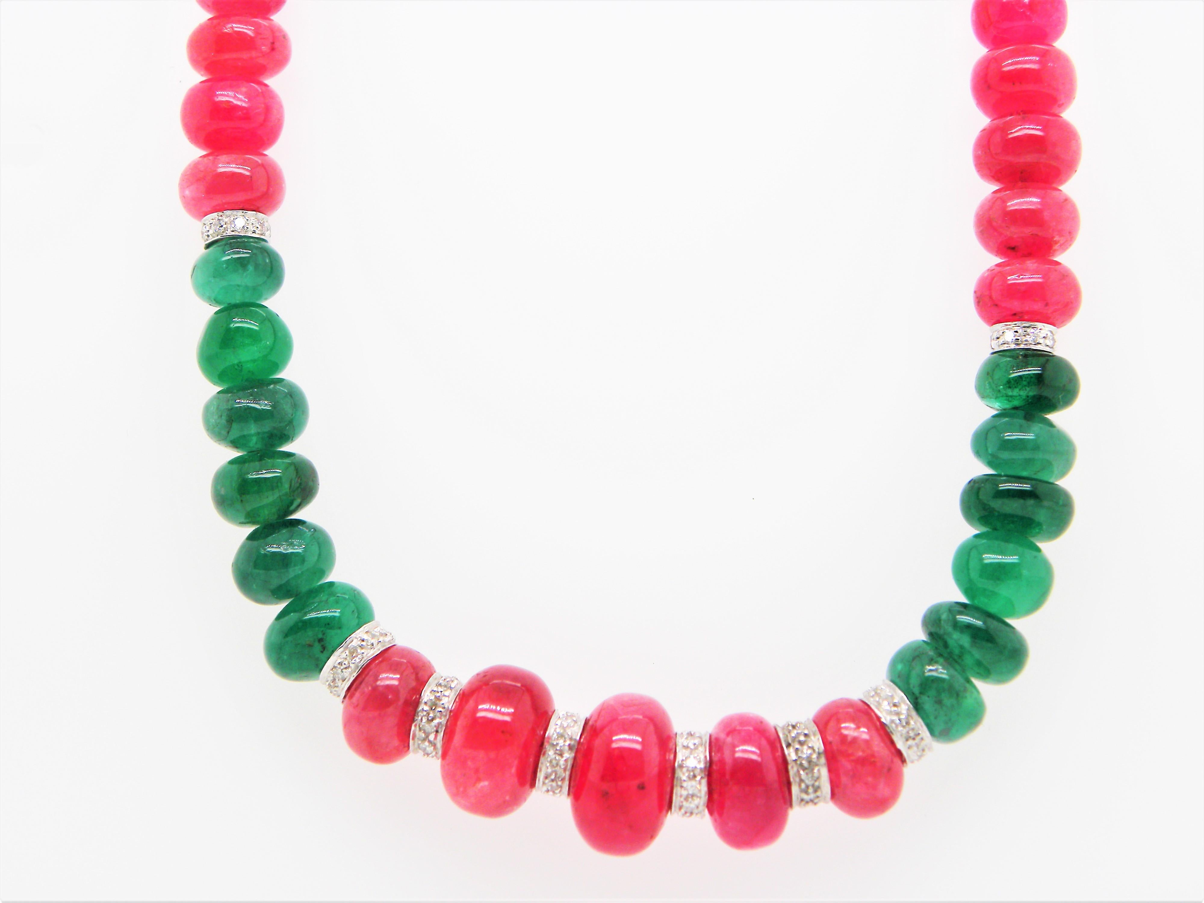 Burmese Ruby and Emerald Beads White Diamond Gold Necklace For Sale 1