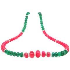 Burmese Ruby and Emerald Beads White Diamond Gold Necklace