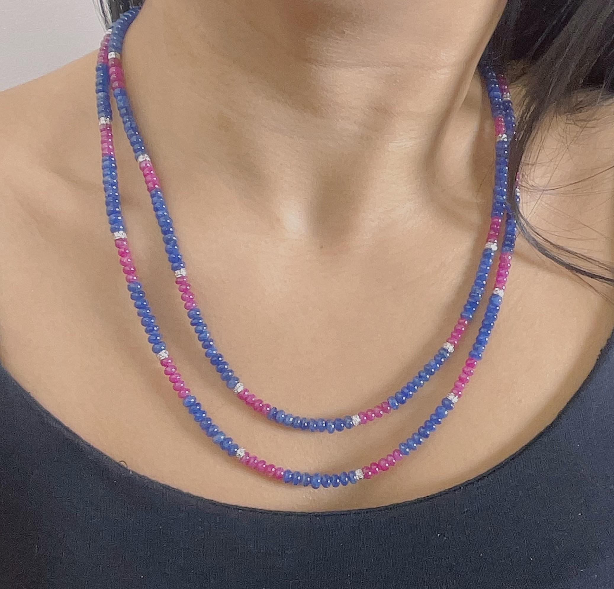 Burmese Ruby and Sapphire Beads White Diamond Gold Necklace For Sale 4