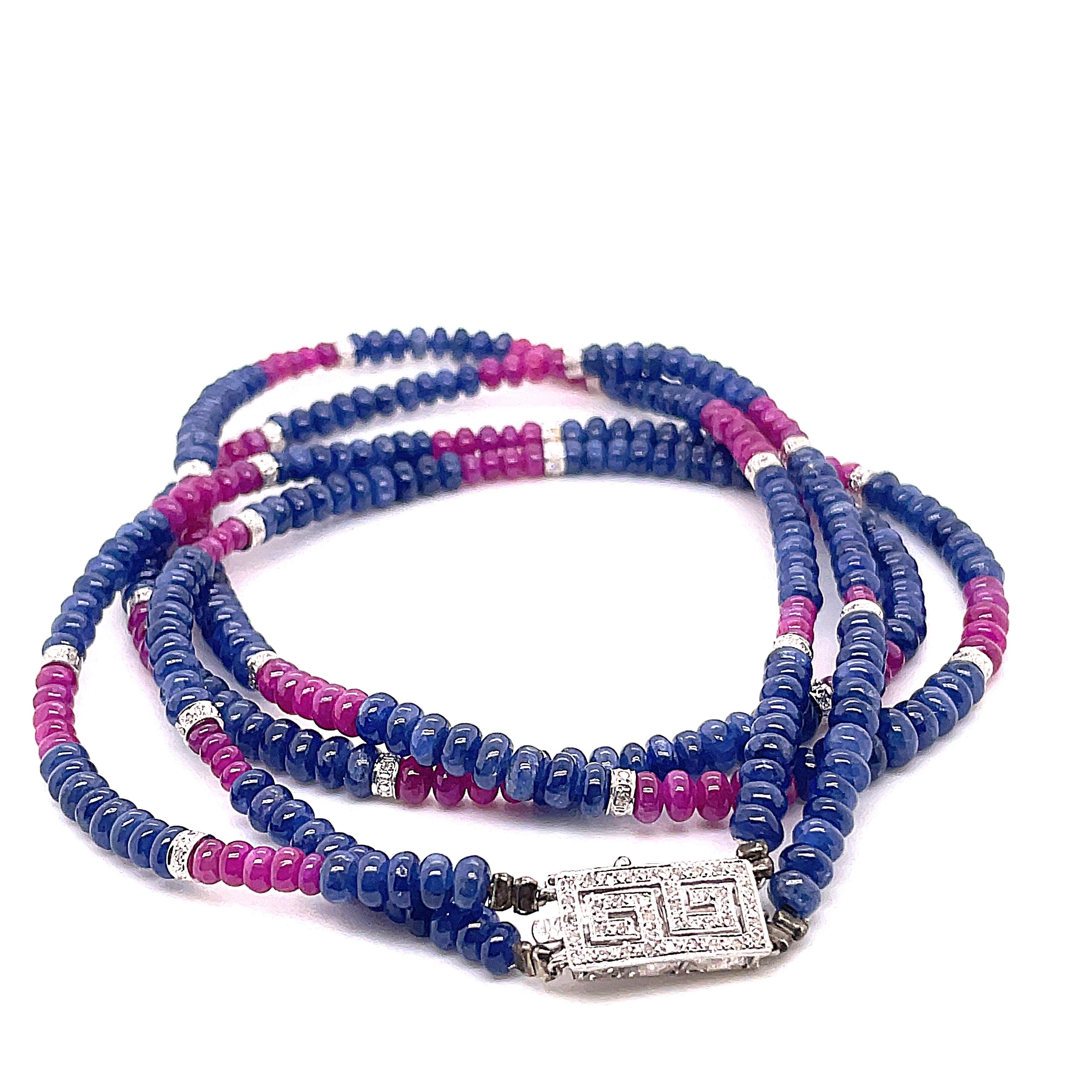 Burmese Ruby and Sapphire Beads White Diamond Gold Necklace

Intricate and captivating, our Burmese Ruby and Blue Sapphire White Gold Necklace is a testament to nature's treasures.

With heated Burmese Ruby Beads and unheated Blue Sapphire Beads