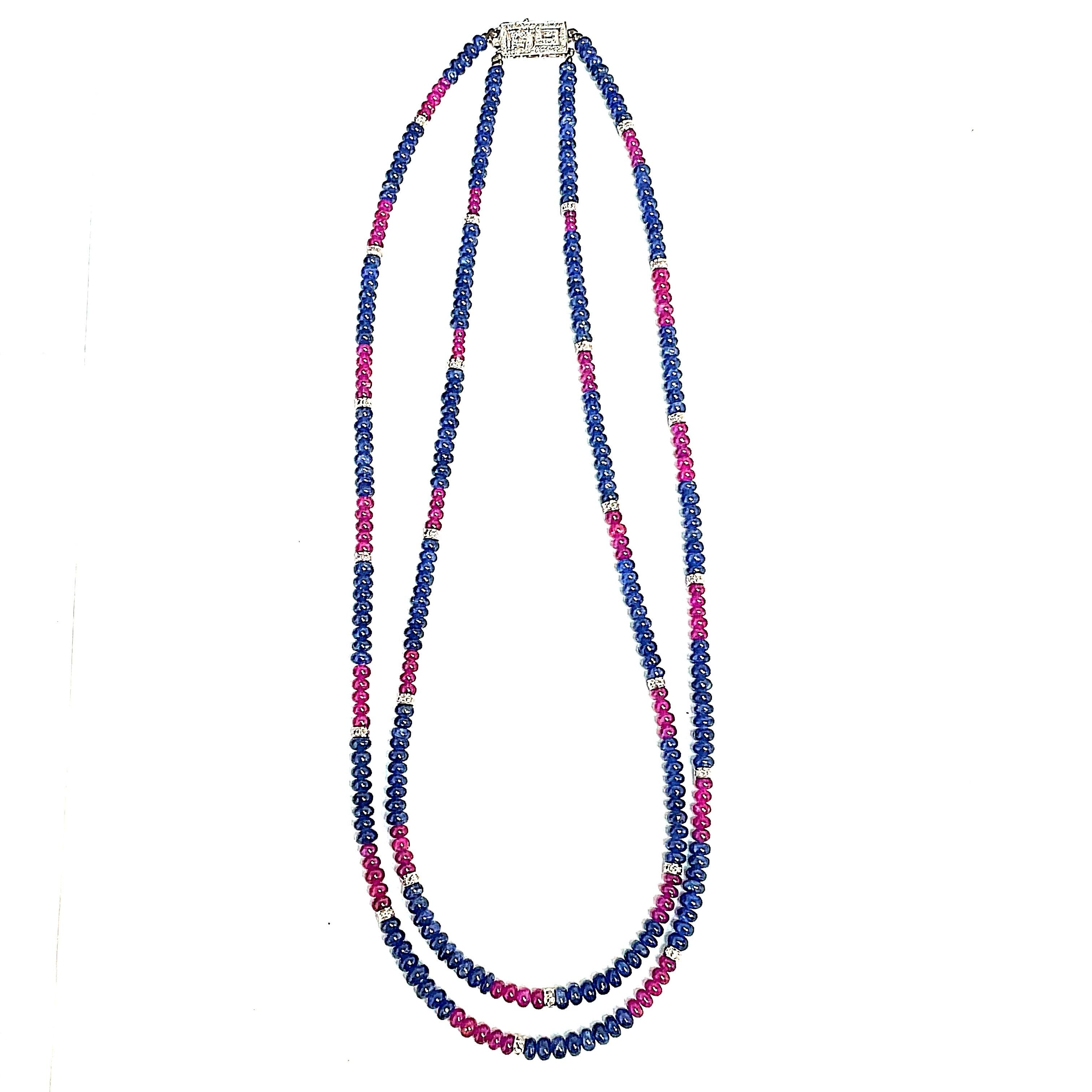 Women's Burmese Ruby and Sapphire Beads White Diamond Gold Necklace For Sale