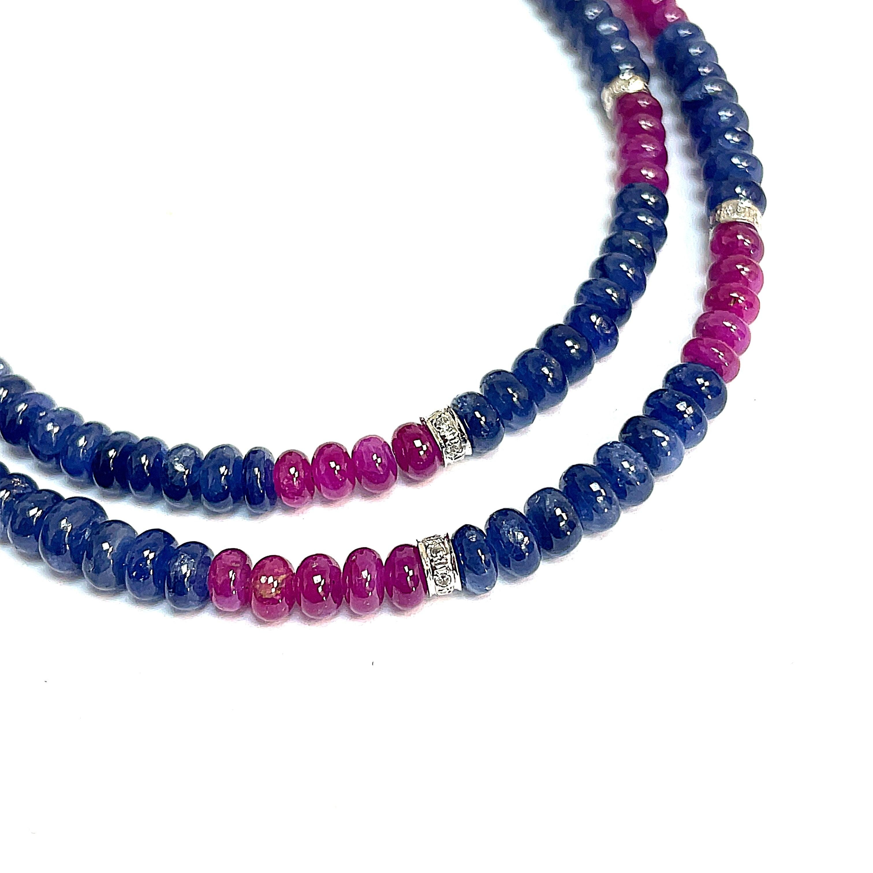 Burmese Ruby and Sapphire Beads White Diamond Gold Necklace For Sale 1