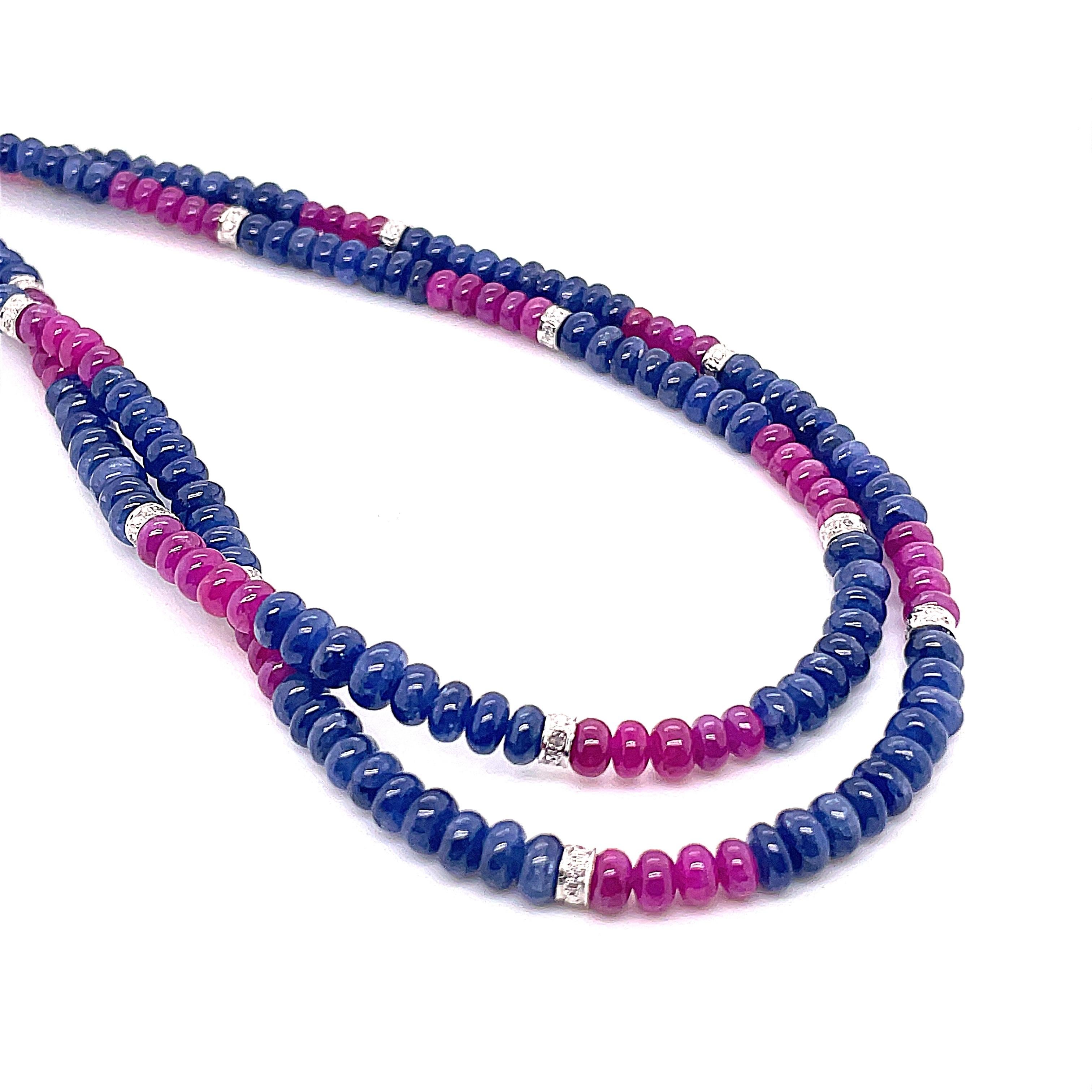 Burmese Ruby and Sapphire Beads White Diamond Gold Necklace For Sale 2
