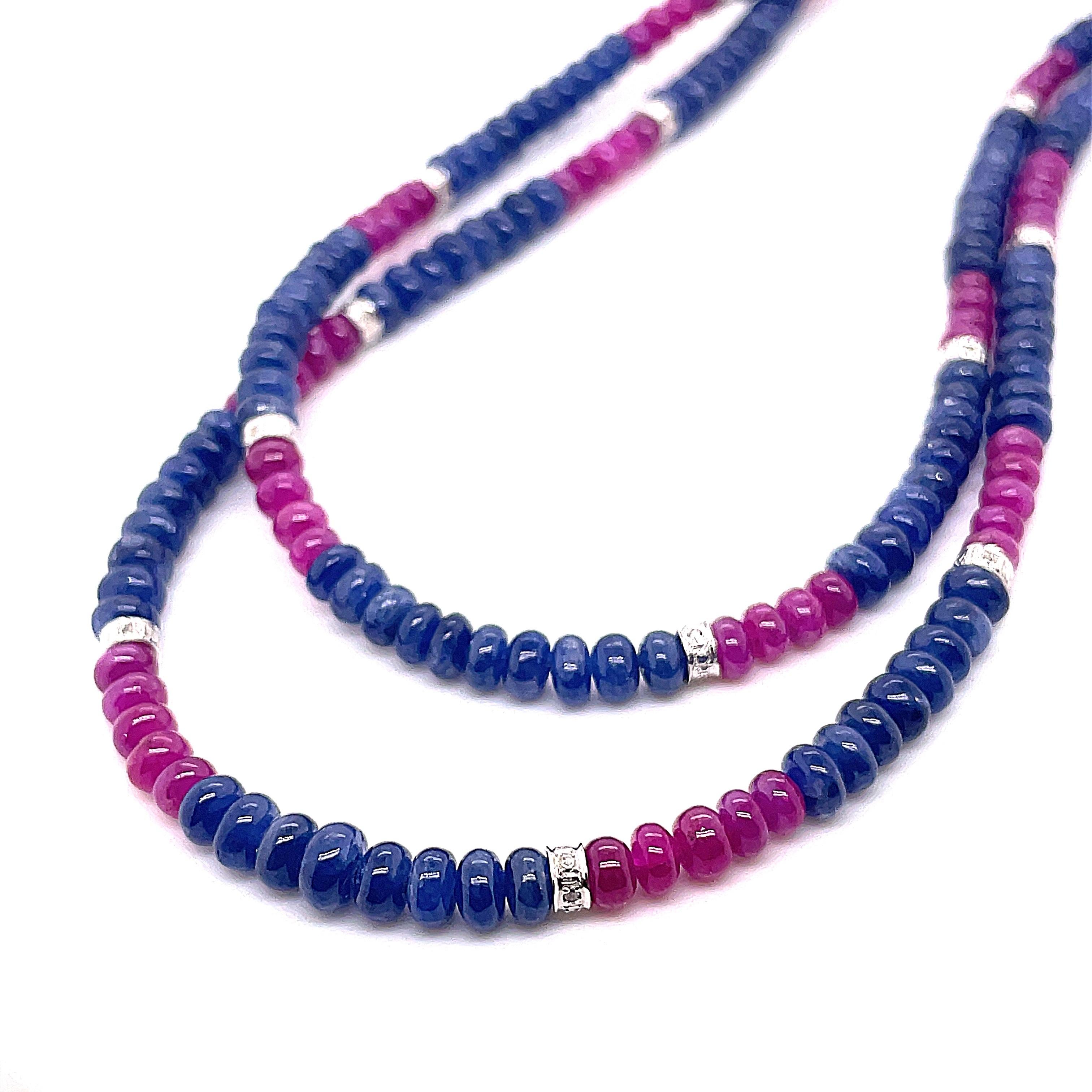 Burmese Ruby and Sapphire Beads White Diamond Gold Necklace For Sale 3