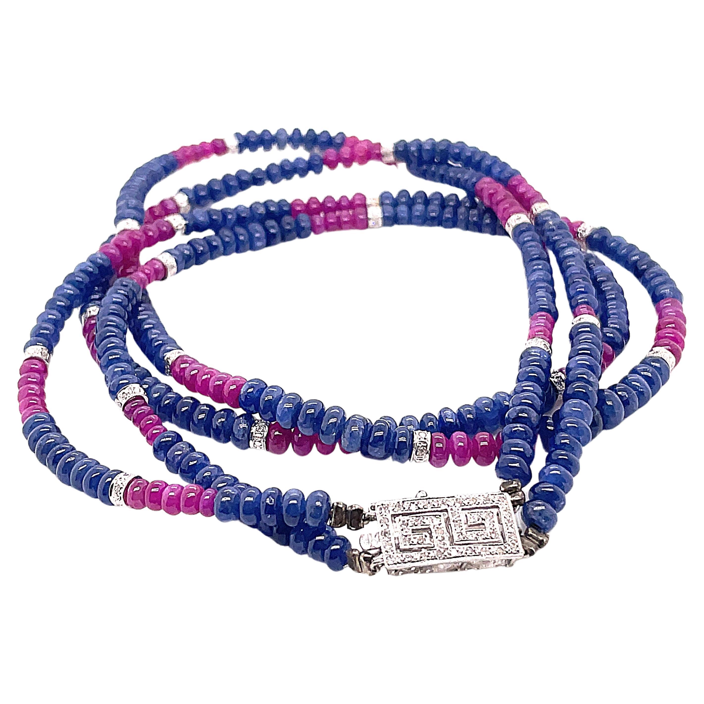 Burmese Ruby and Sapphire Beads White Diamond Gold Necklace