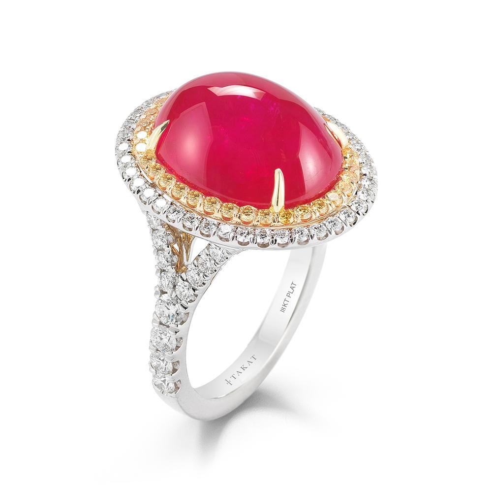 Modern Burmese Ruby Cabochon And Diamond Ring In 18K Gold By RayazTakat