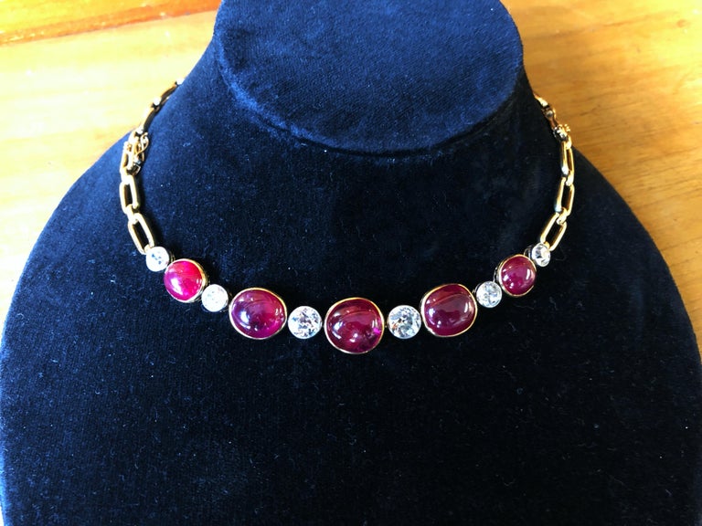 Victorian Burmese Ruby Cabochon and Old Cut Diamond Necklace/Bracelet, circa 1890s For Sale