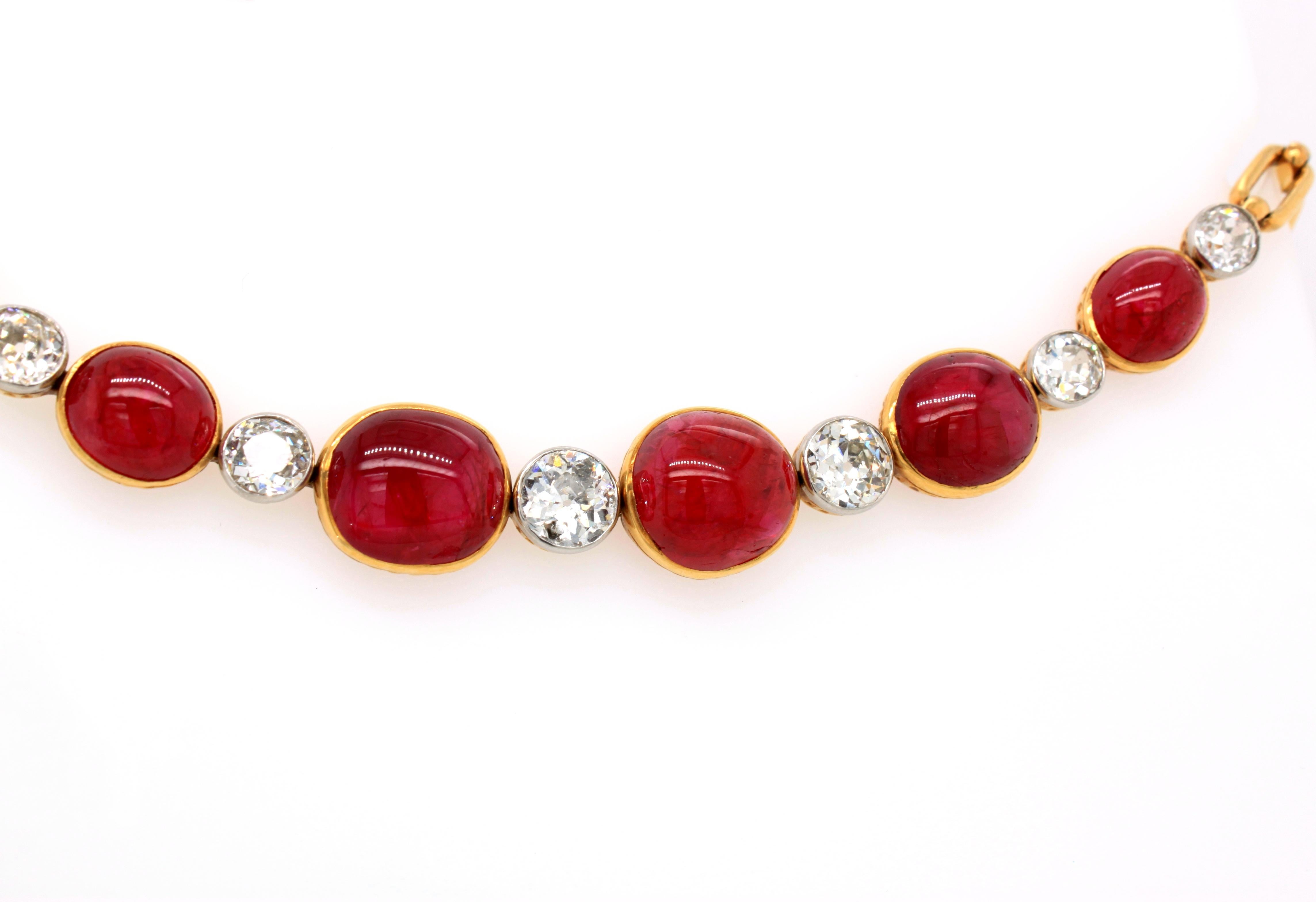 Women's Burmese Ruby Cabochon and Old Cut Diamond Necklace/Bracelet, circa 1890s For Sale
