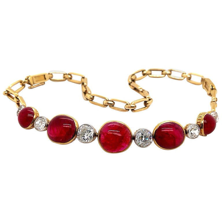 Burmese Ruby Cabochon and Old Cut Diamond Necklace/Bracelet, circa 1890s For Sale