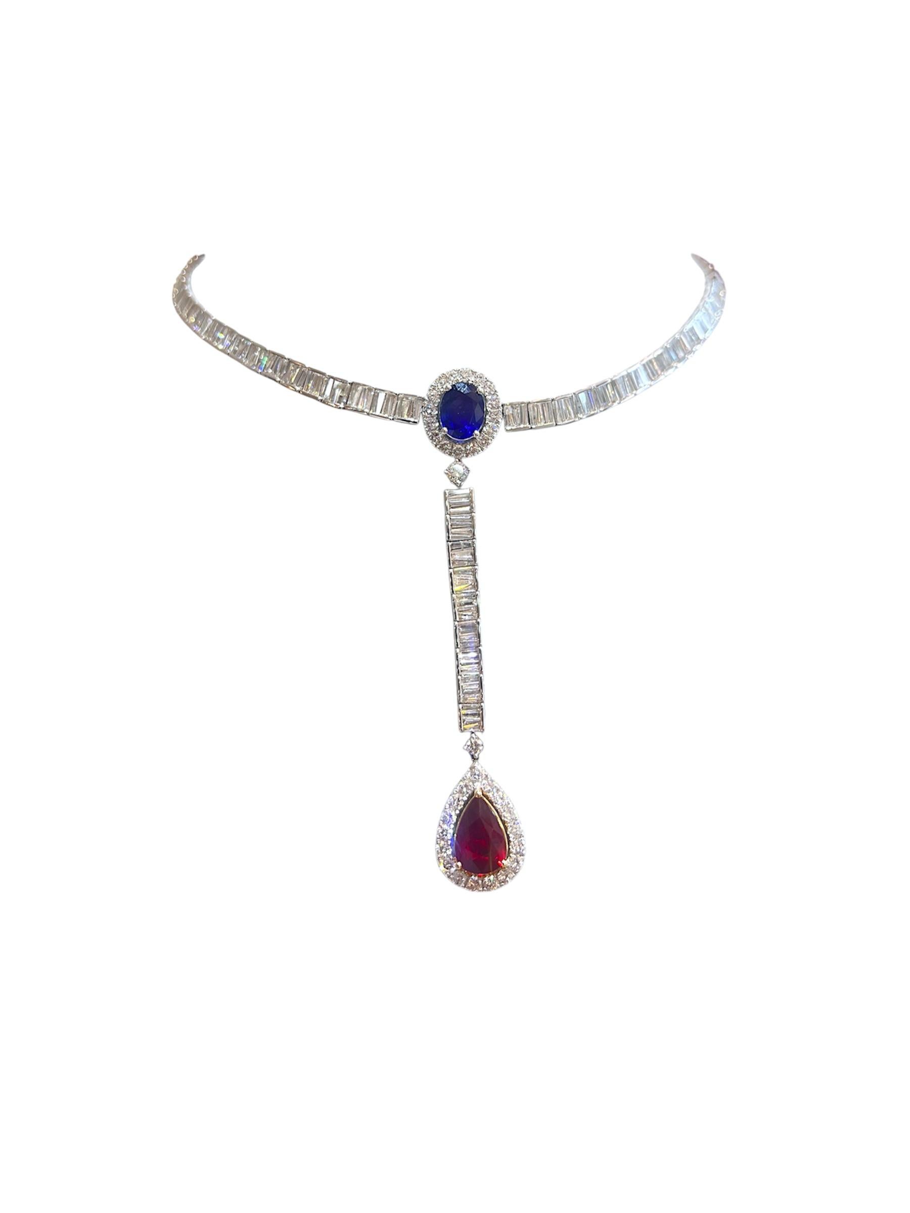 Donna Collana Choker di diamanti Baguette con rubino birmano e zaffiro di Ceylon 15,79 carati in vendita