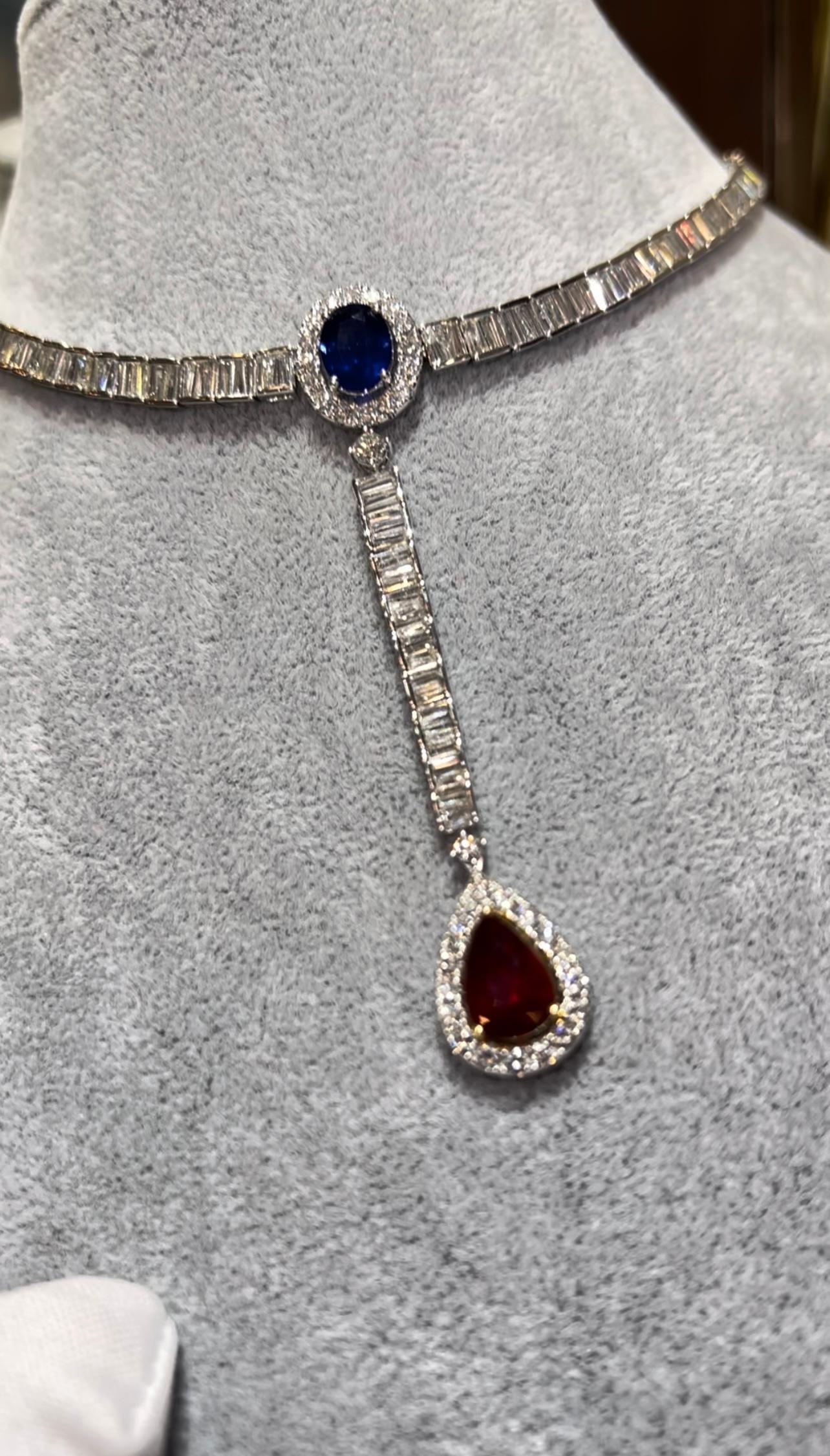 Collana Choker di diamanti Baguette con rubino birmano e zaffiro di Ceylon 15,79 carati in vendita 1