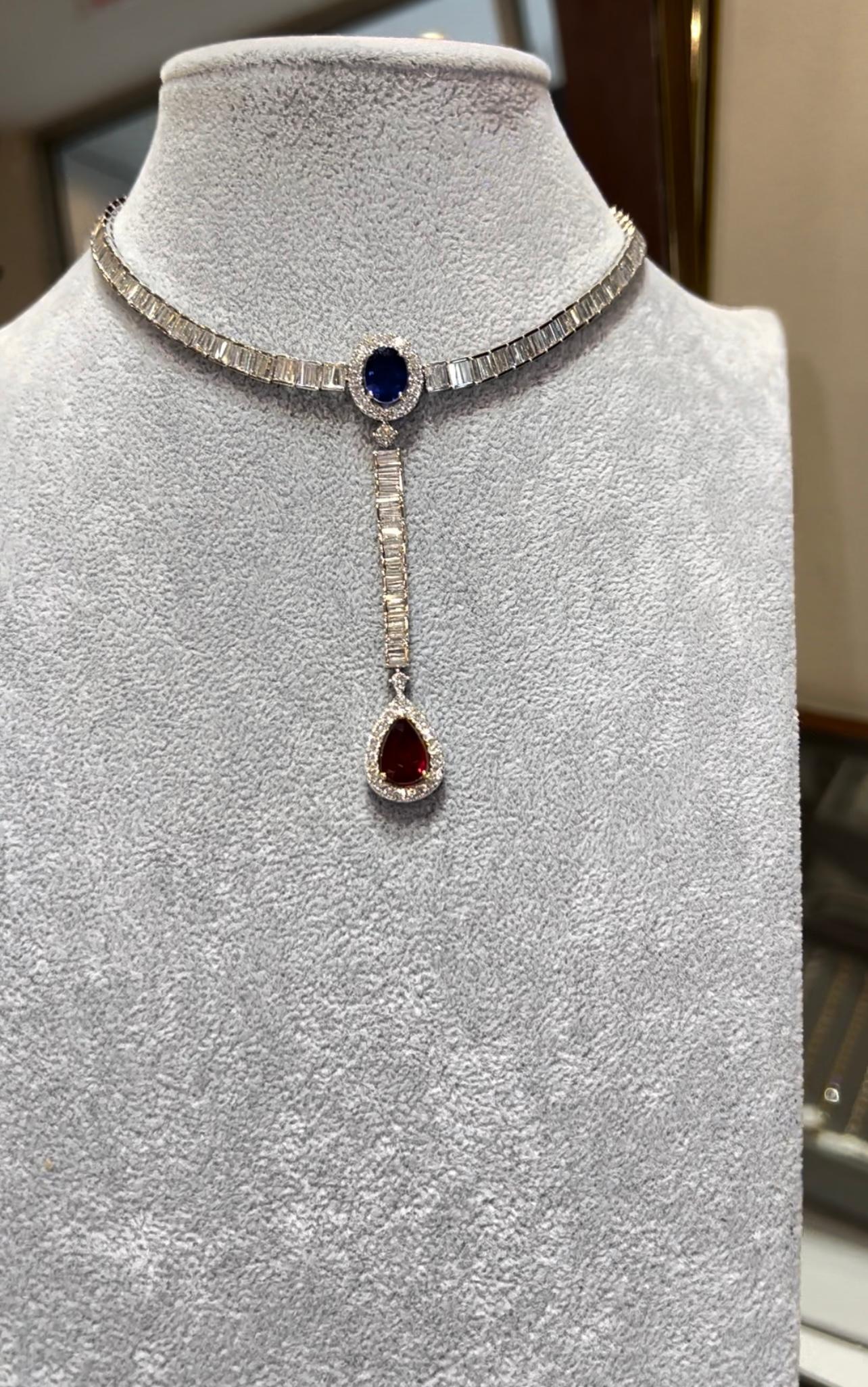 Collana Choker di diamanti Baguette con rubino birmano e zaffiro di Ceylon 15,79 carati in vendita 2