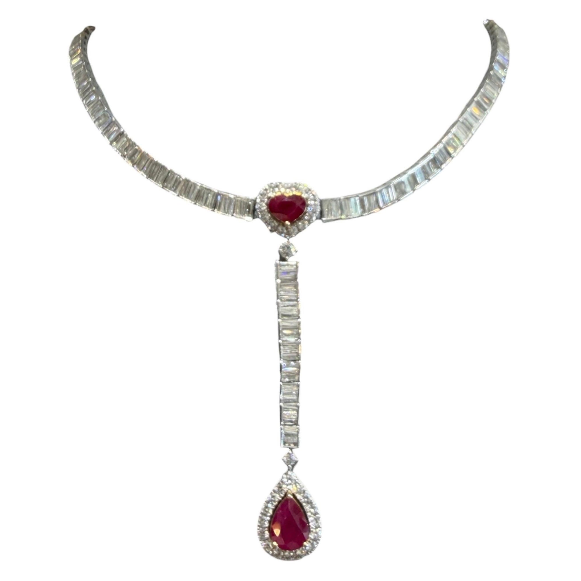 Collar de rubíes birmanos y diamantes talla baguette 16,50ct Art Decó en venta