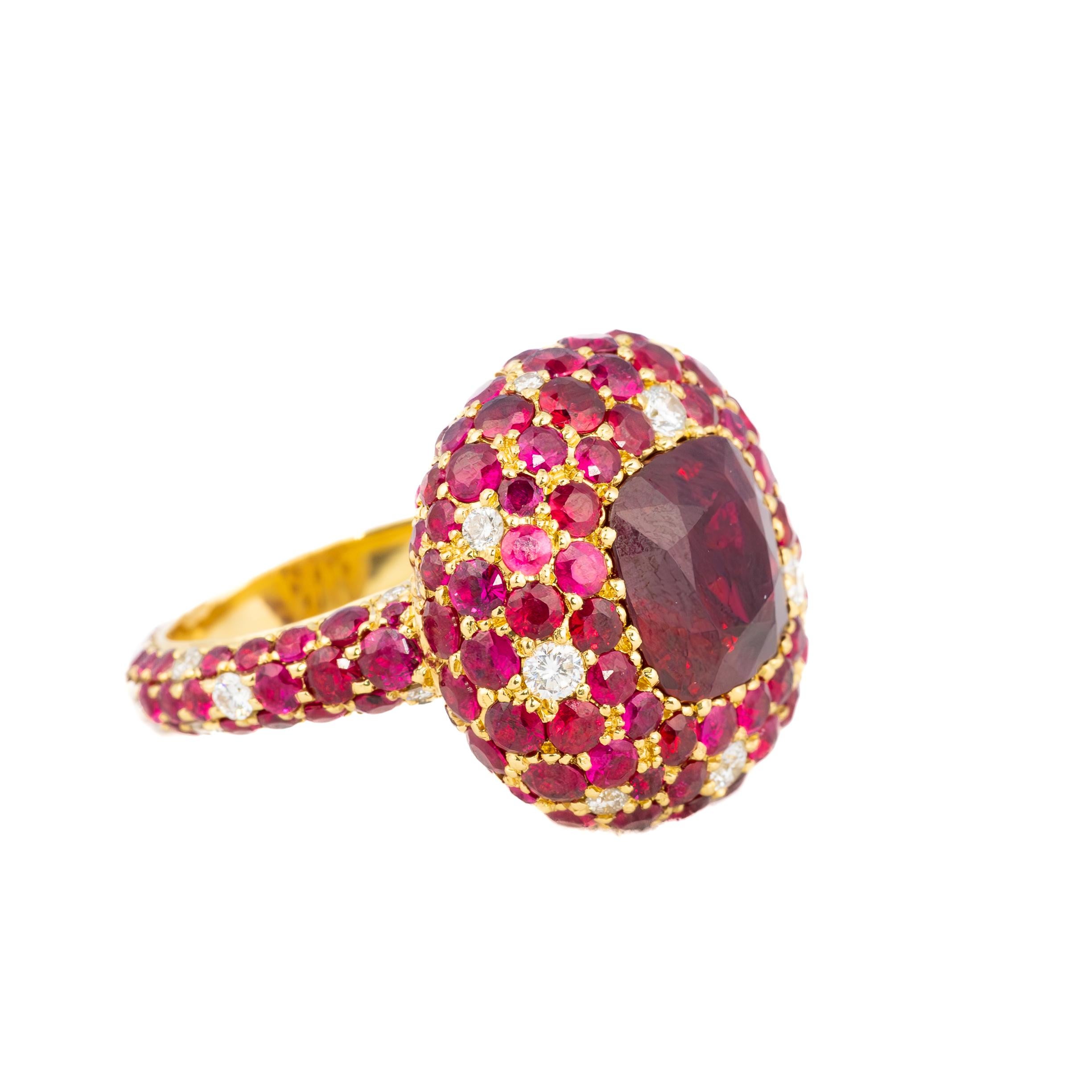 Burmese Ruby & Diamond Cocktail Ring

Description: This extraordinary ring is a true celebration of color and brilliance, featuring a captivating 5.19-carat Burmese ruby at its center, certified by the American Gemological Laboratories (AGL). The
