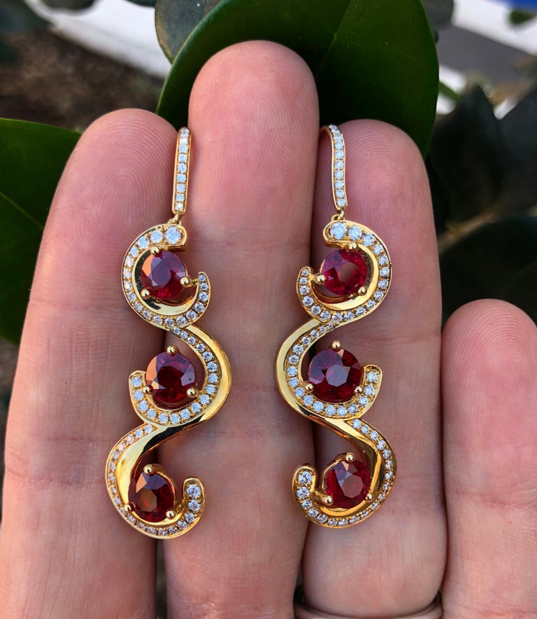 Burmese Ruby Diamond Gold Drop Earrings 7.19 Carat For Sale at 1stdibs