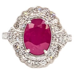 Burmese Ruby & Diamond Milgrain Halo Ring in Platinum- GIA 2235227509