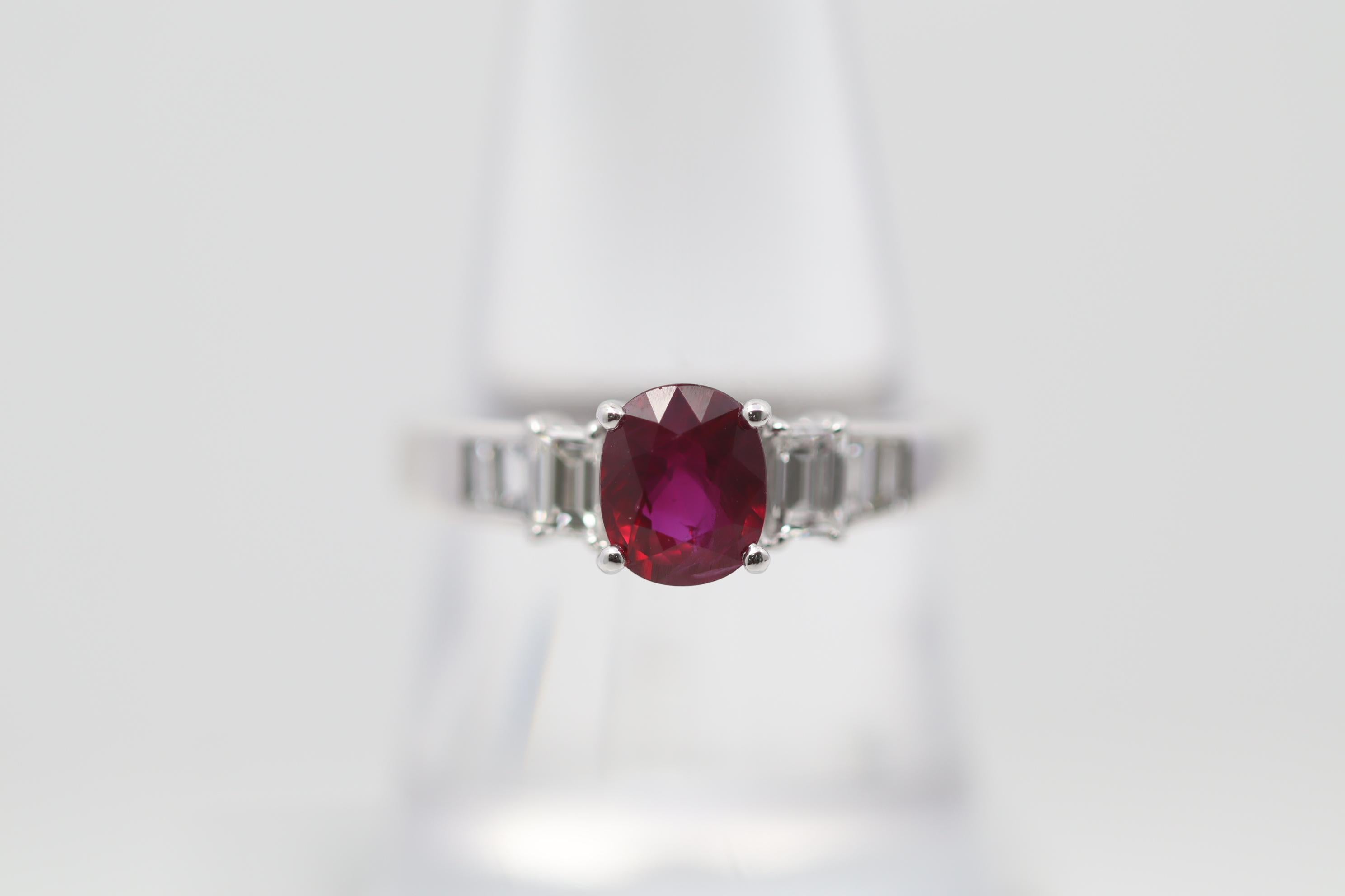 A classic vivid red natural ruby from the most rare and desirable origin, Burma (Myanmar) takes center stage. It is the most desirable mainly due to its amazing color which this ruby has, an intense rich bright red color. It is accented by 0.65